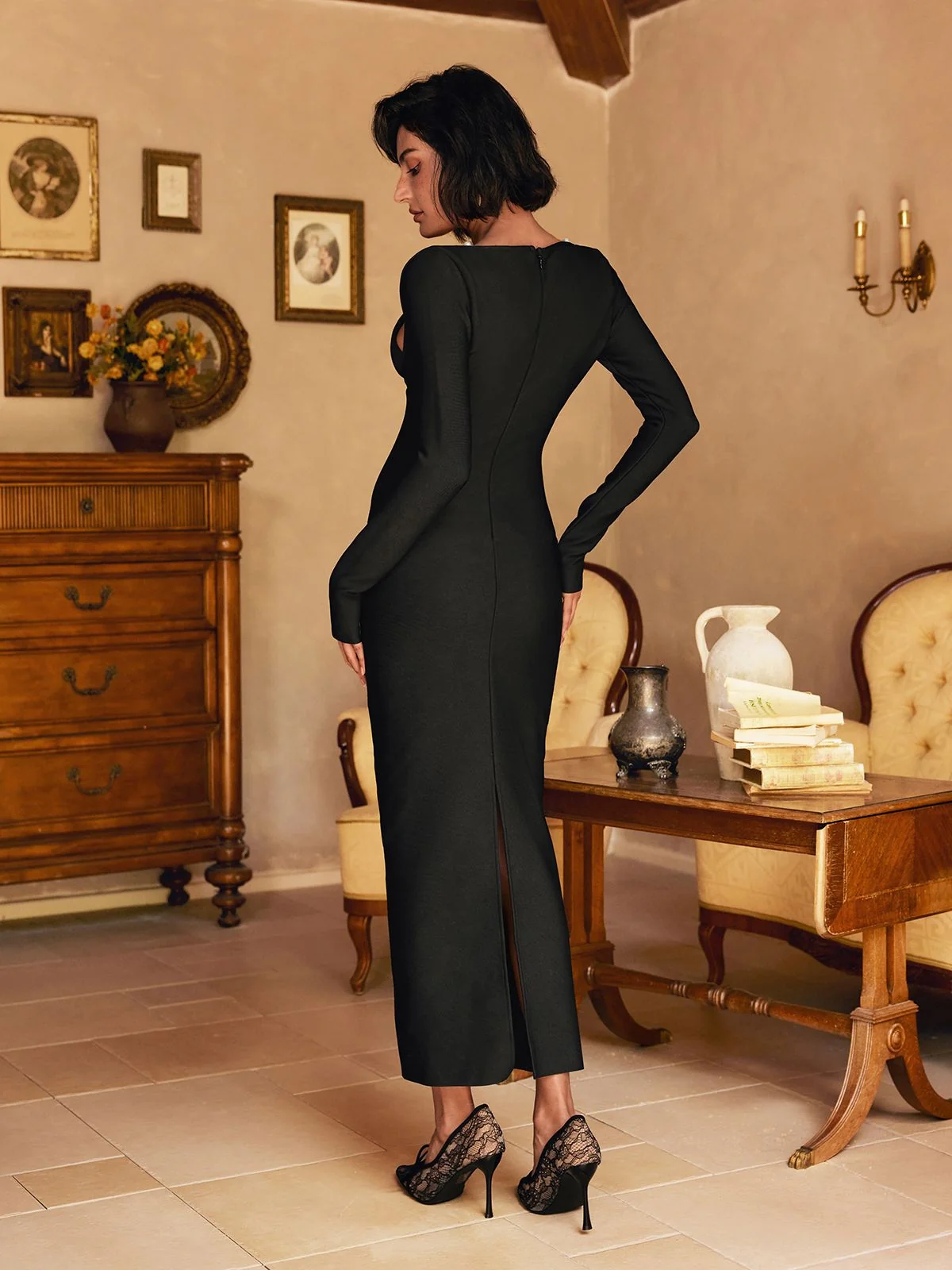 Sophia Pearl Embellished Long Sleeve Bodycon Midi Dress