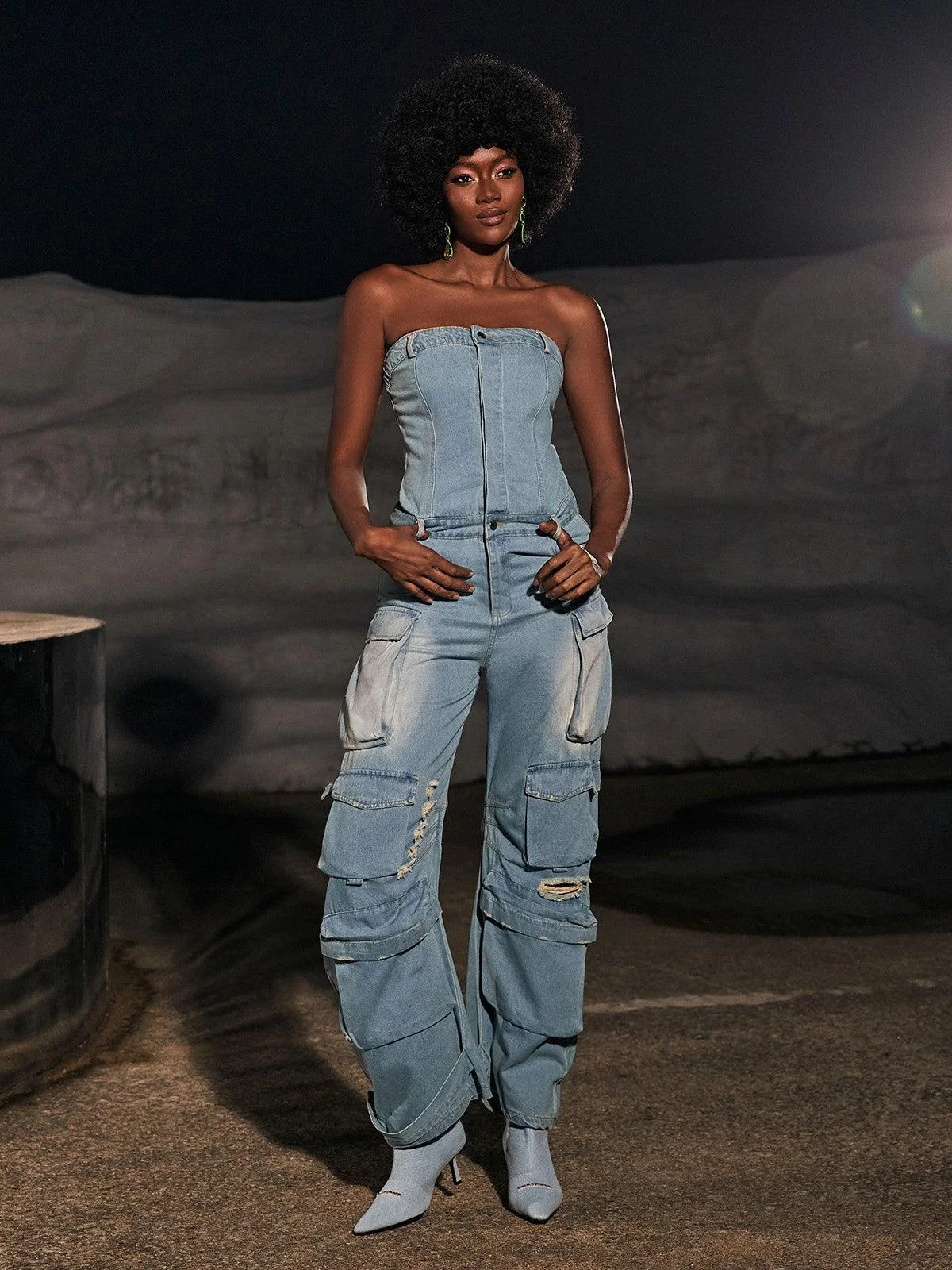 Blue Denim Strapless Jumpsuit with Pockets