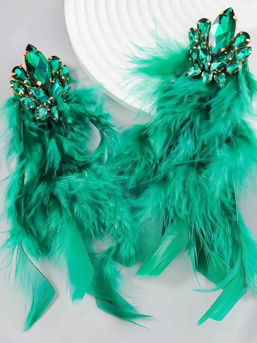 Crystal Rhinestone Feather Earrings - Stylish Green & White Set
