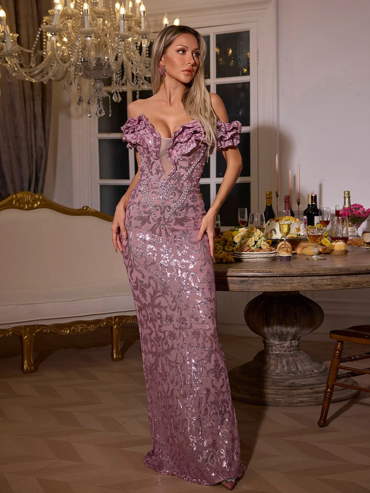 Elegant Sequin Ruffle Maxi Dress