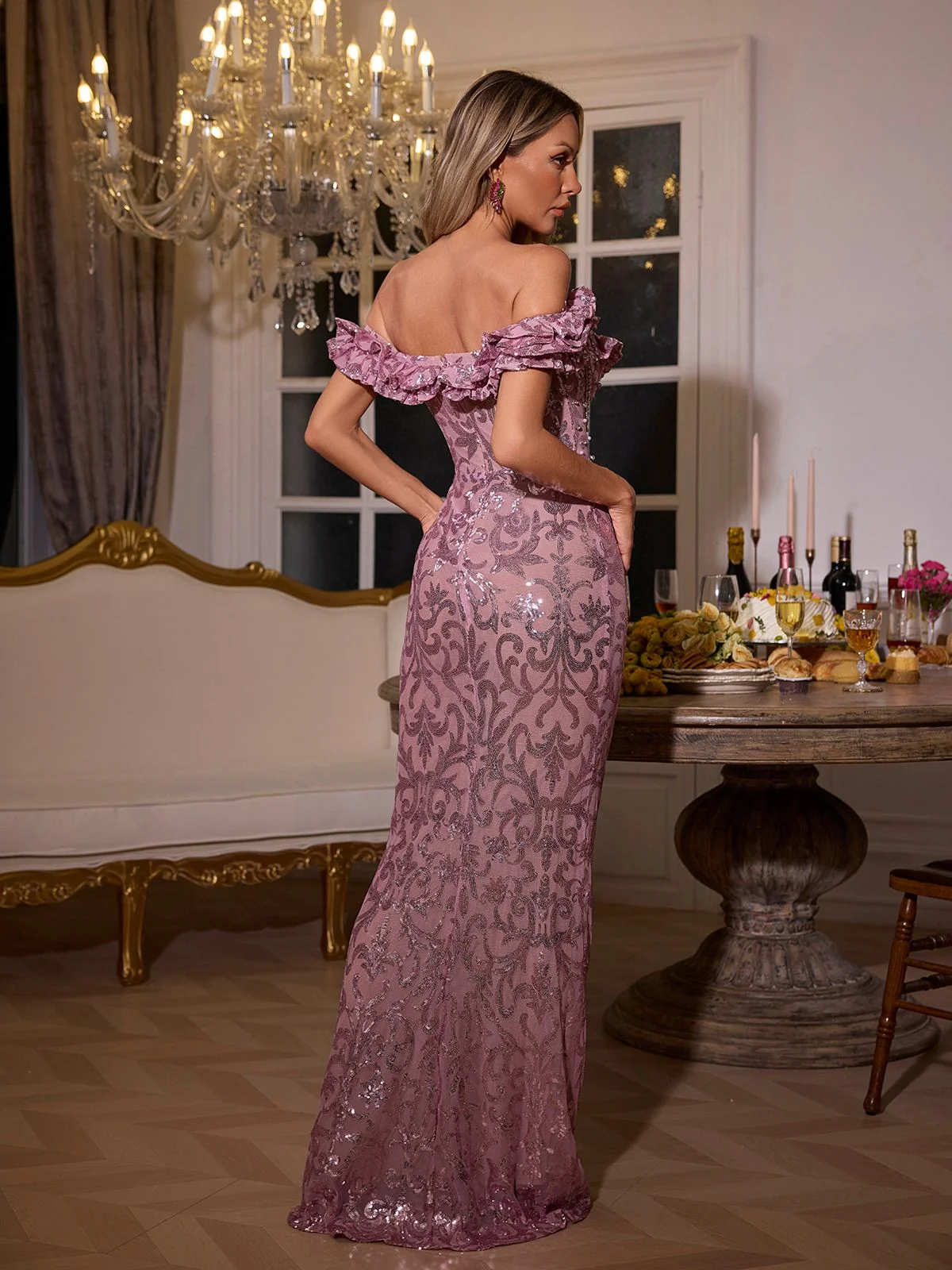 Elegant Sequin Ruffle Maxi Dress