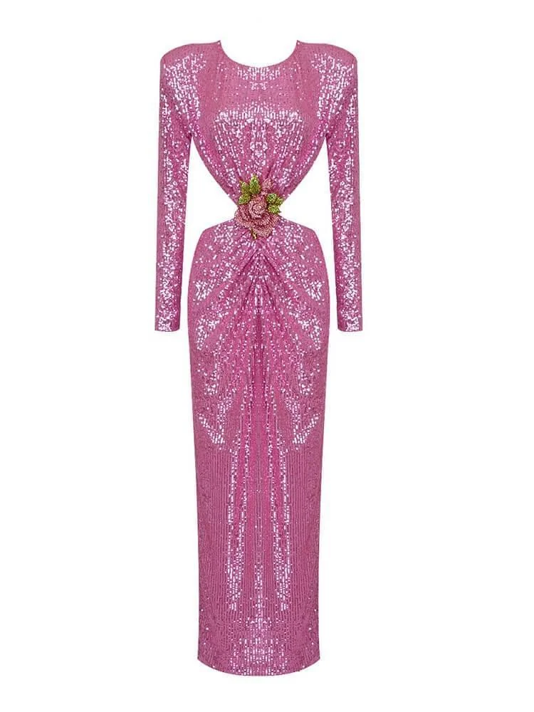 Pink Sequin Maxi Dress with Long Sleeves