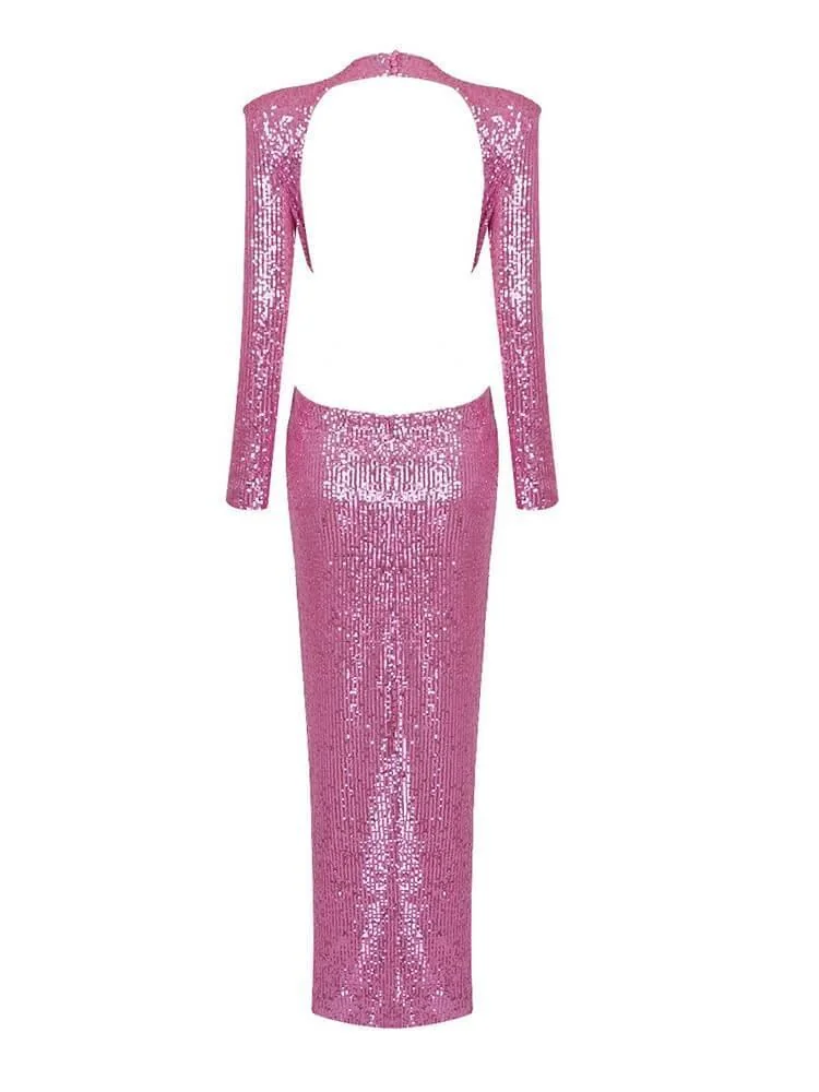 Pink Sequin Maxi Dress with Long Sleeves