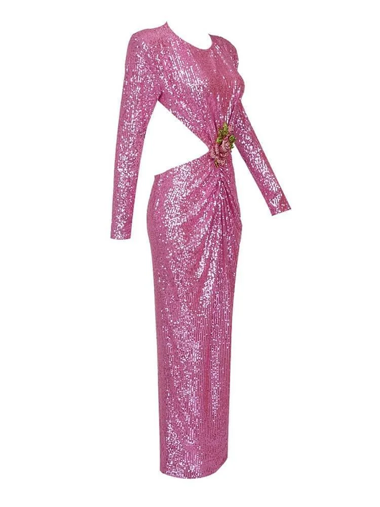 Pink Sequin Maxi Dress with Long Sleeves