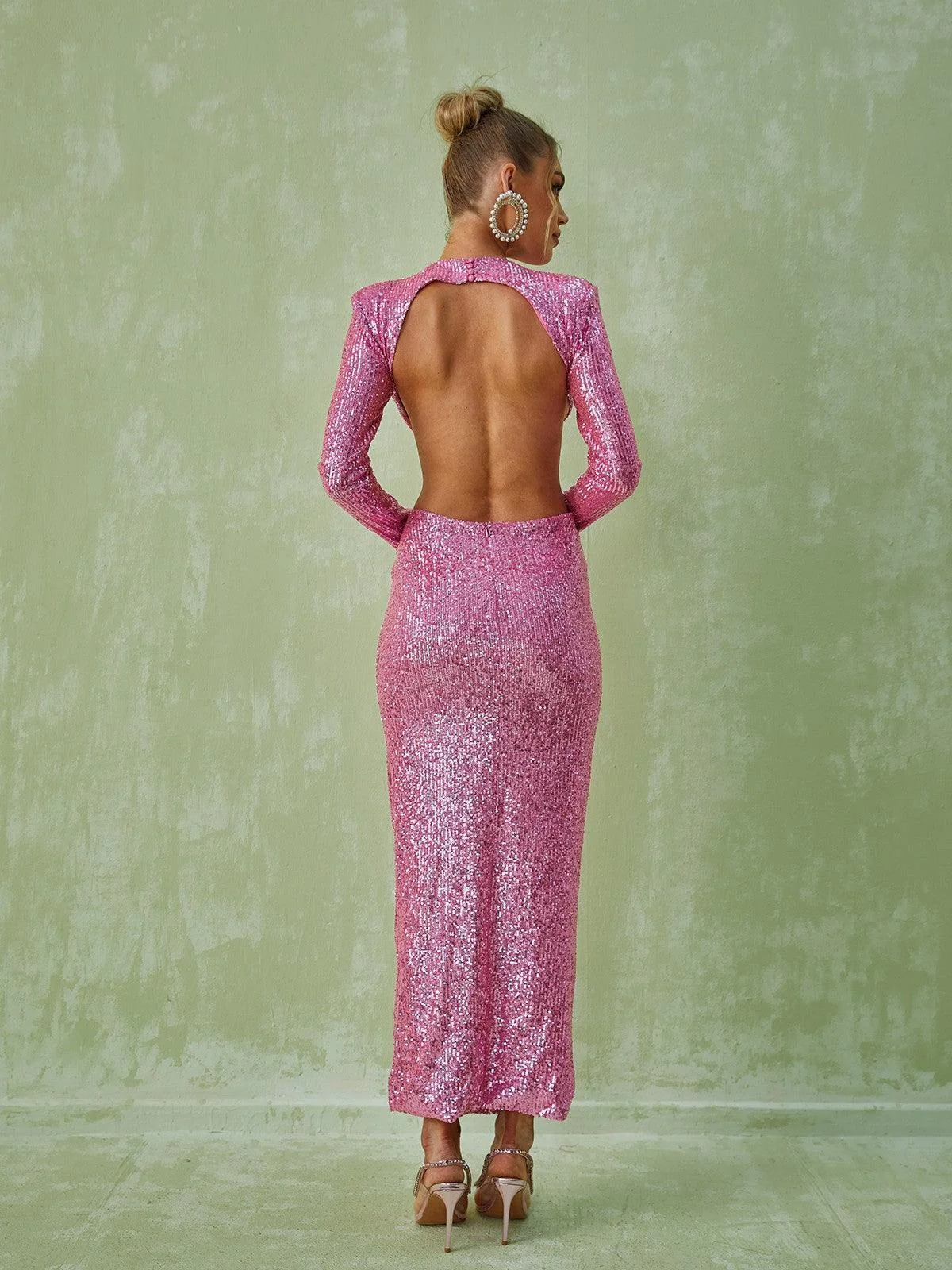 Pink Sequin Maxi Dress with Long Sleeves