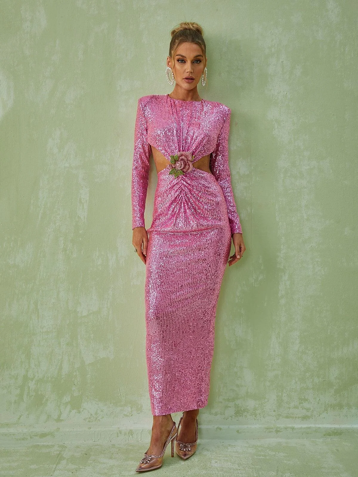 Pink Sequin Maxi Dress with Long Sleeves
