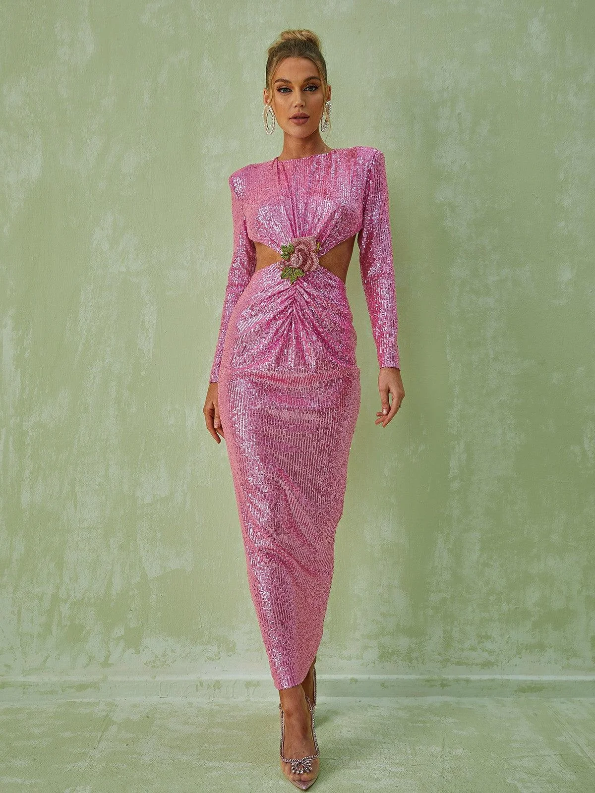 Pink Sequin Maxi Dress with Long Sleeves