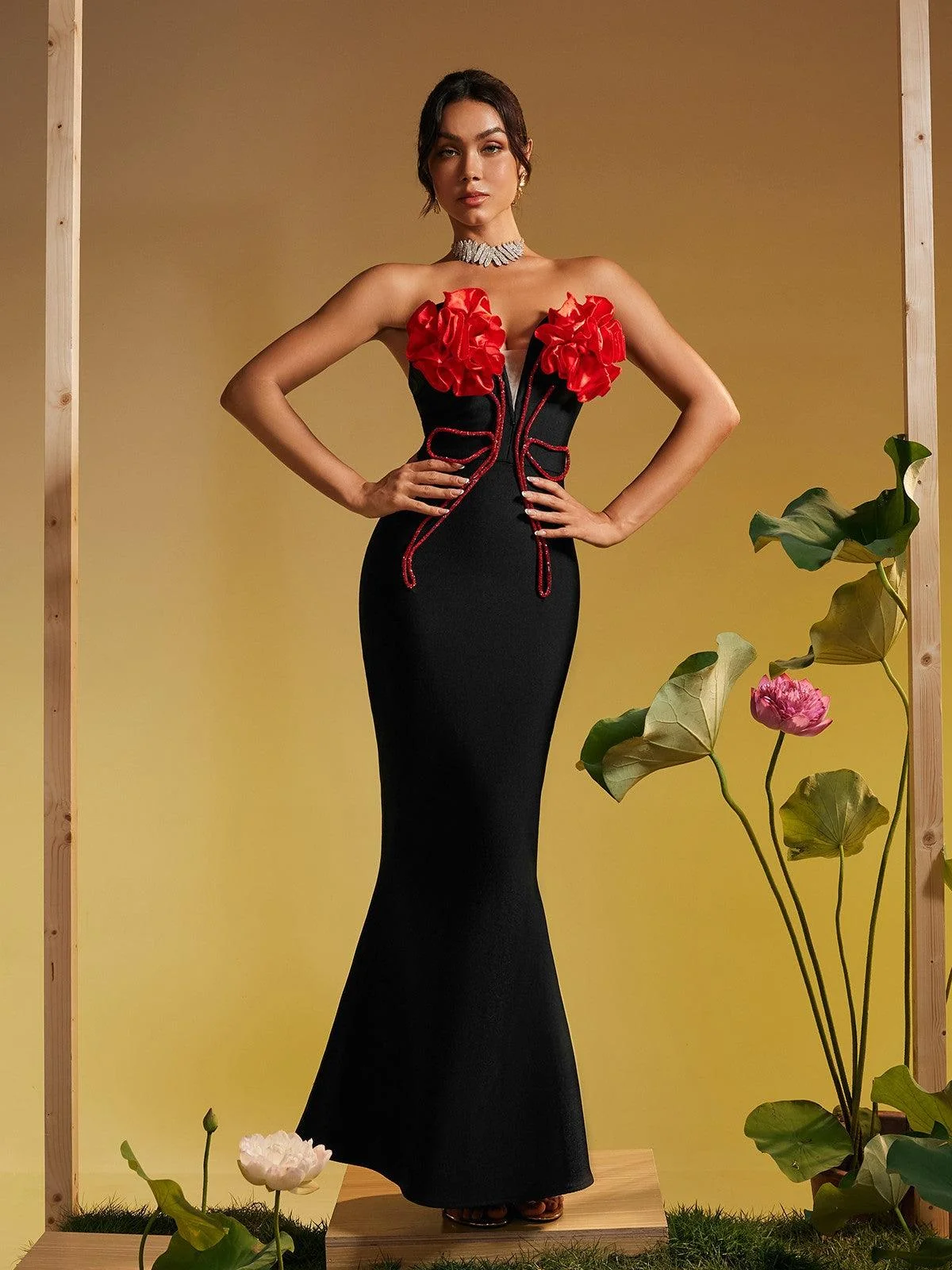 Elegant Crystal Floral Bandage Maxi Dress