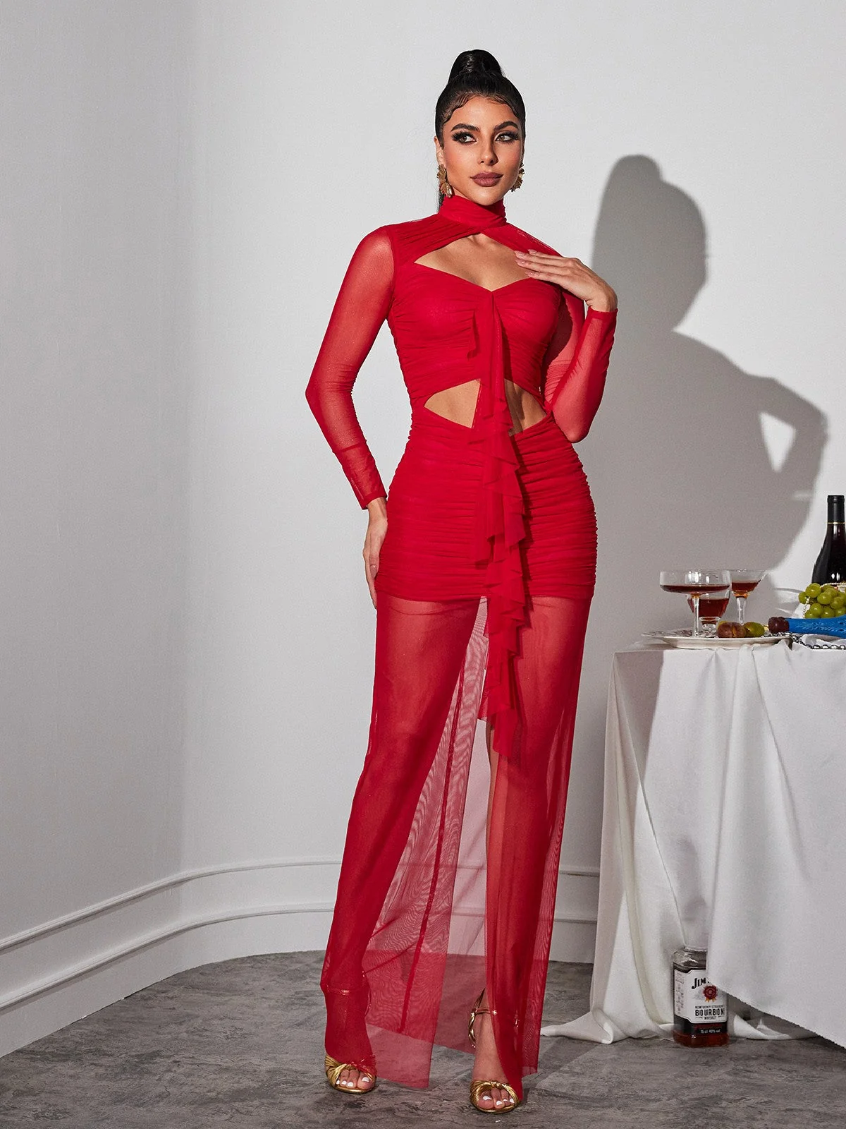 Red Mesh Long Sleeve Maxi Dress