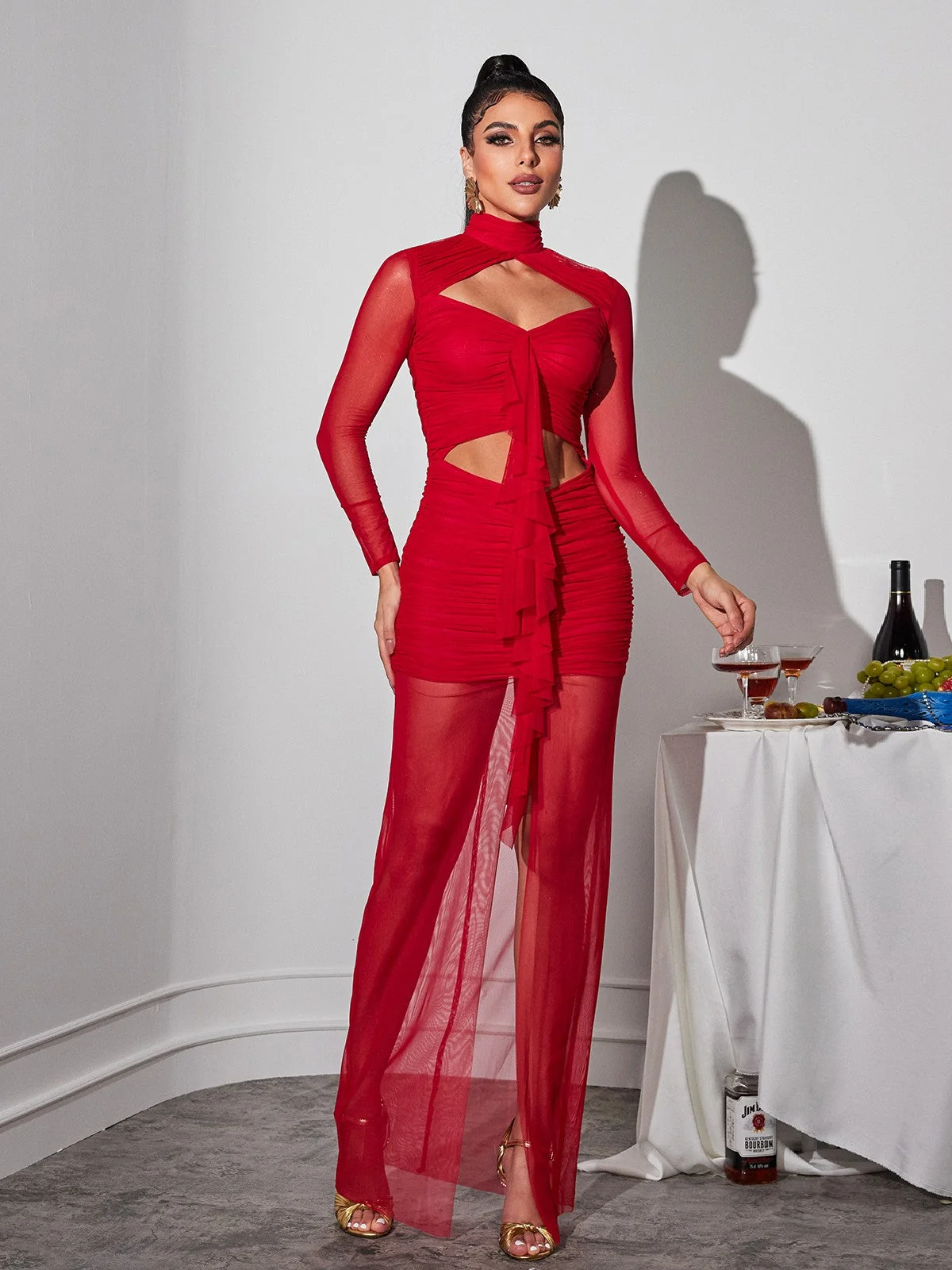 Red Mesh Long Sleeve Maxi Dress
