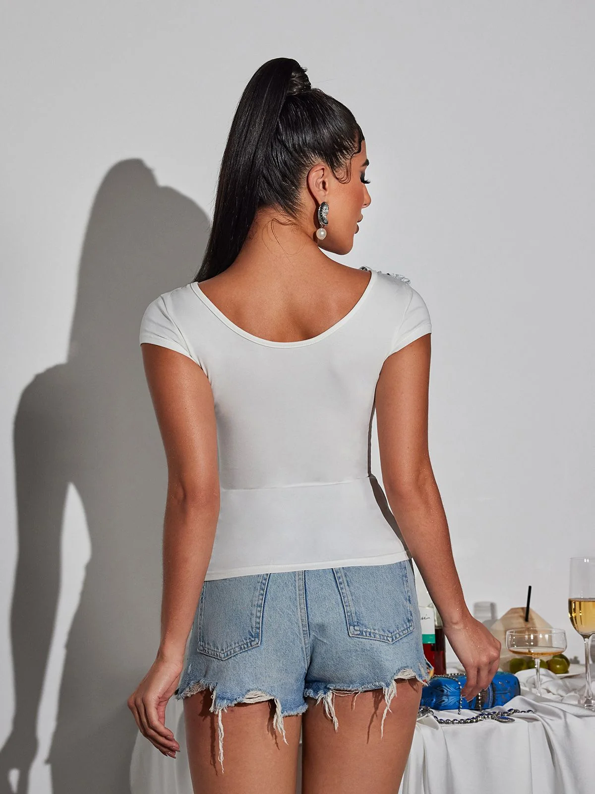 White Ruffle Trimmed V Neck Top - Elegant Khalon Style