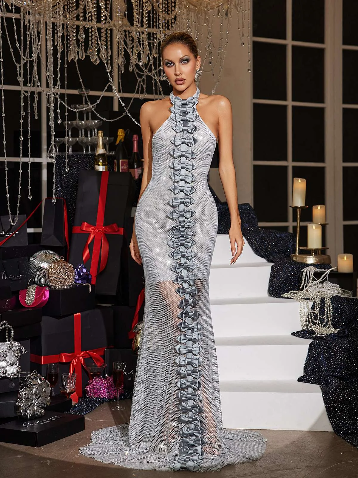 Elegant Halterneck Crystal Embellished Maxi Dress