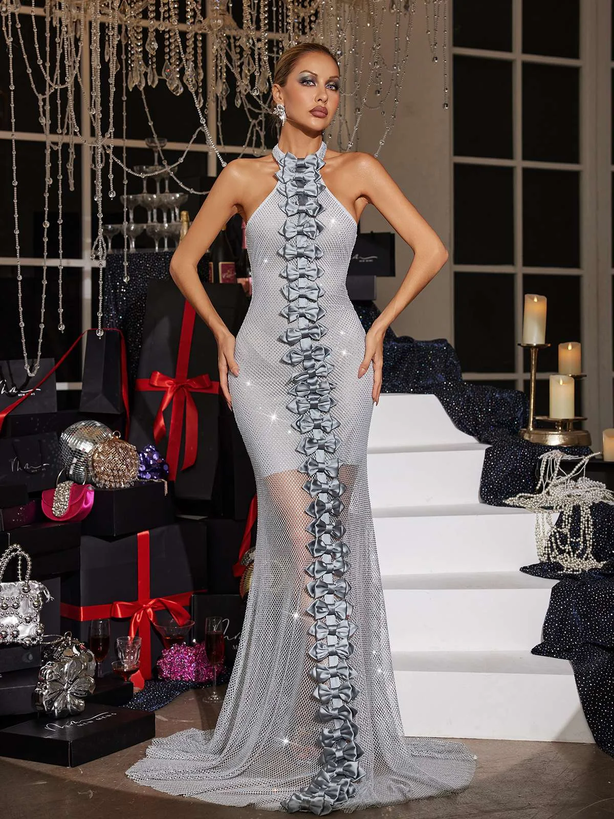 Elegant Halterneck Crystal Embellished Maxi Dress