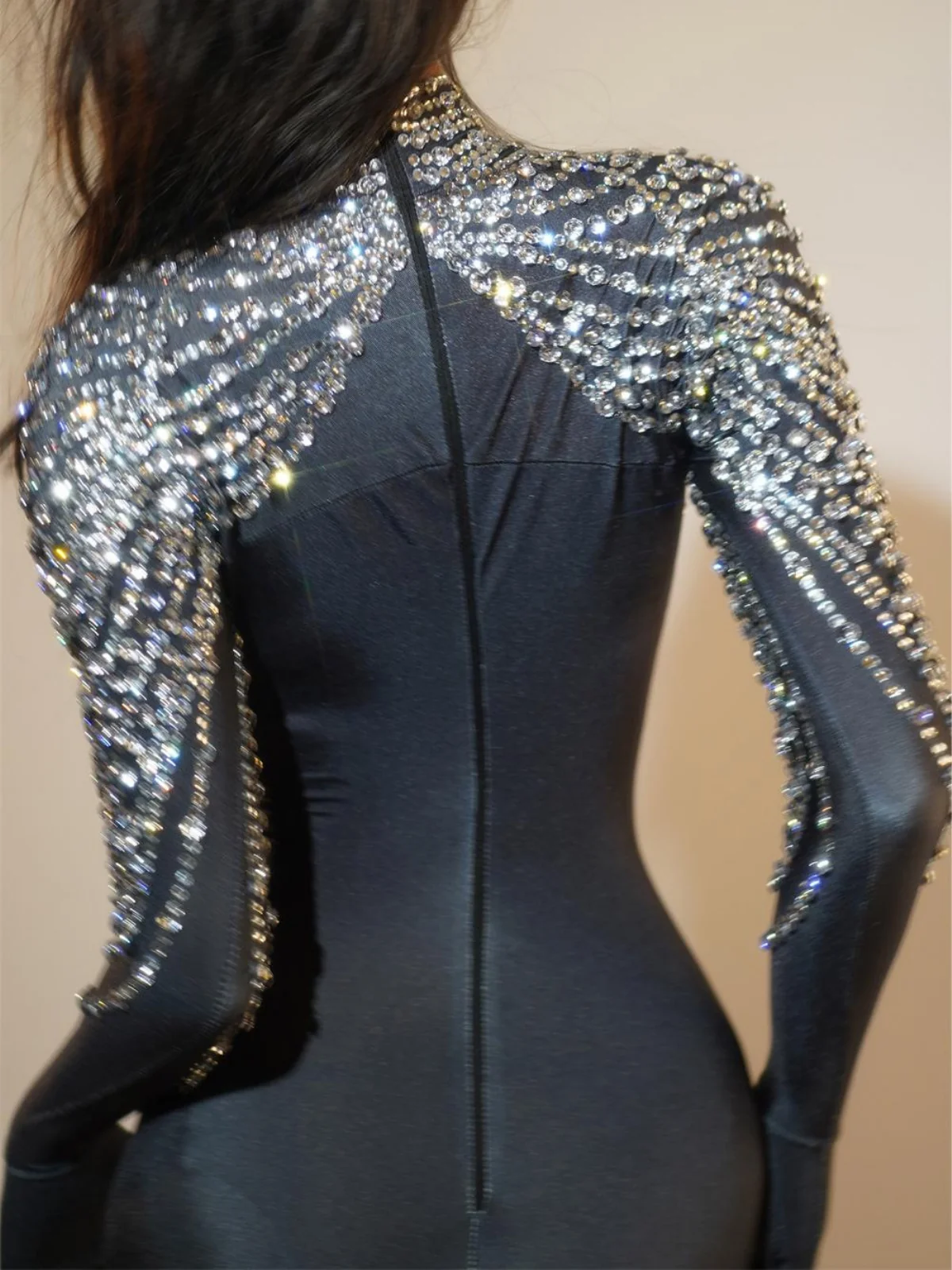 Sparkling Long Sleeve Rhinestone Jumpsuit in Navy