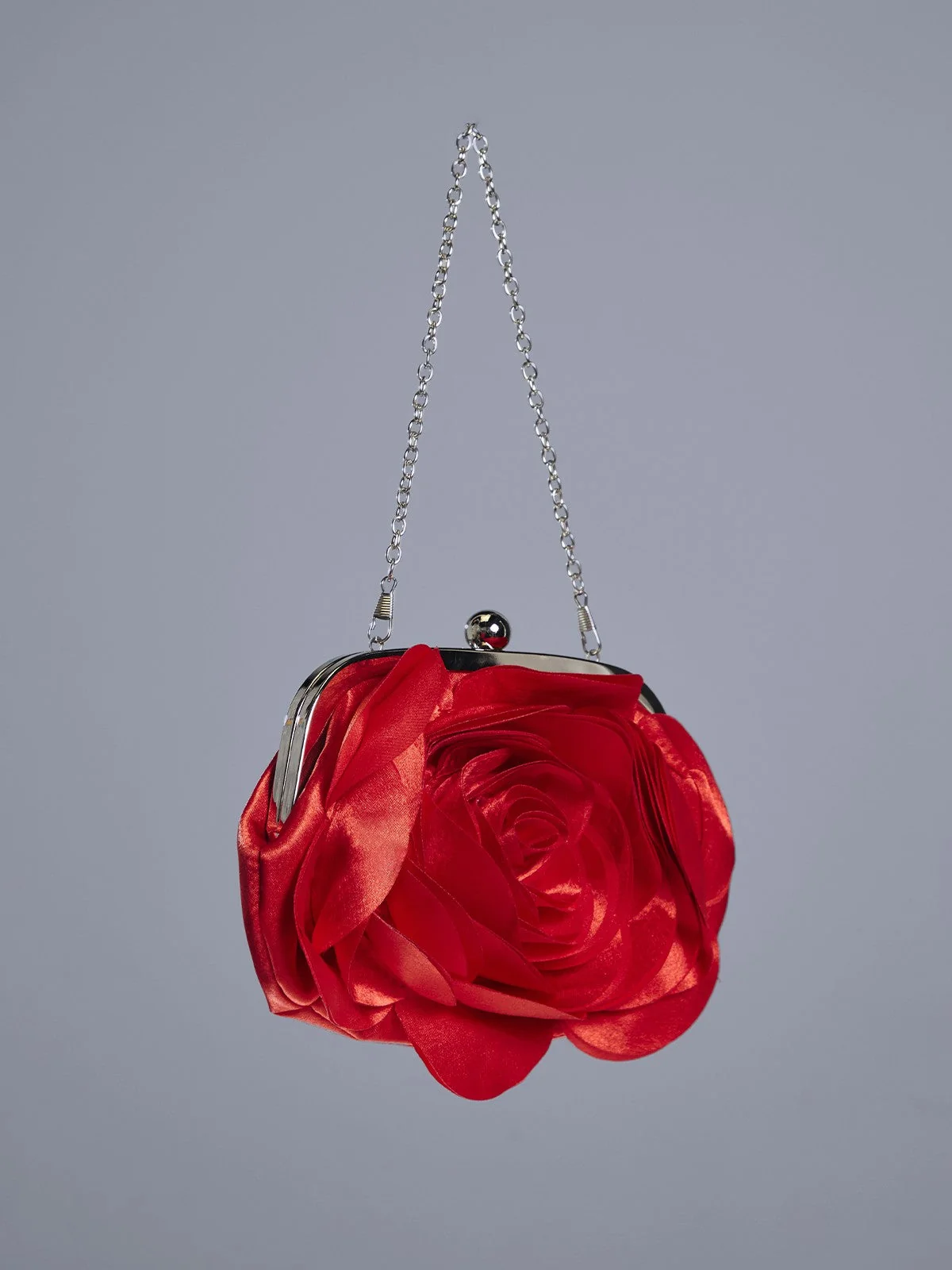 Chic Red Satin Flower Evening Clutch Bag
