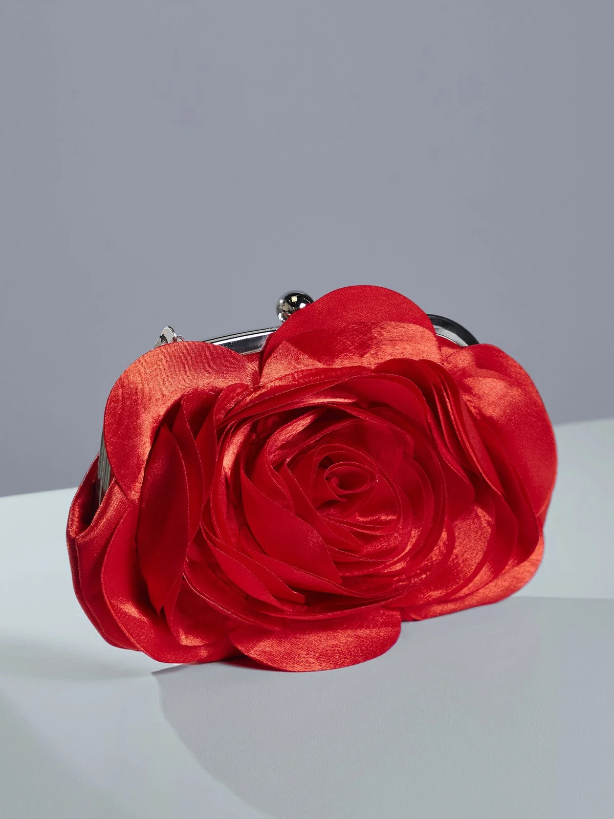 Chic Red Satin Flower Evening Clutch Bag