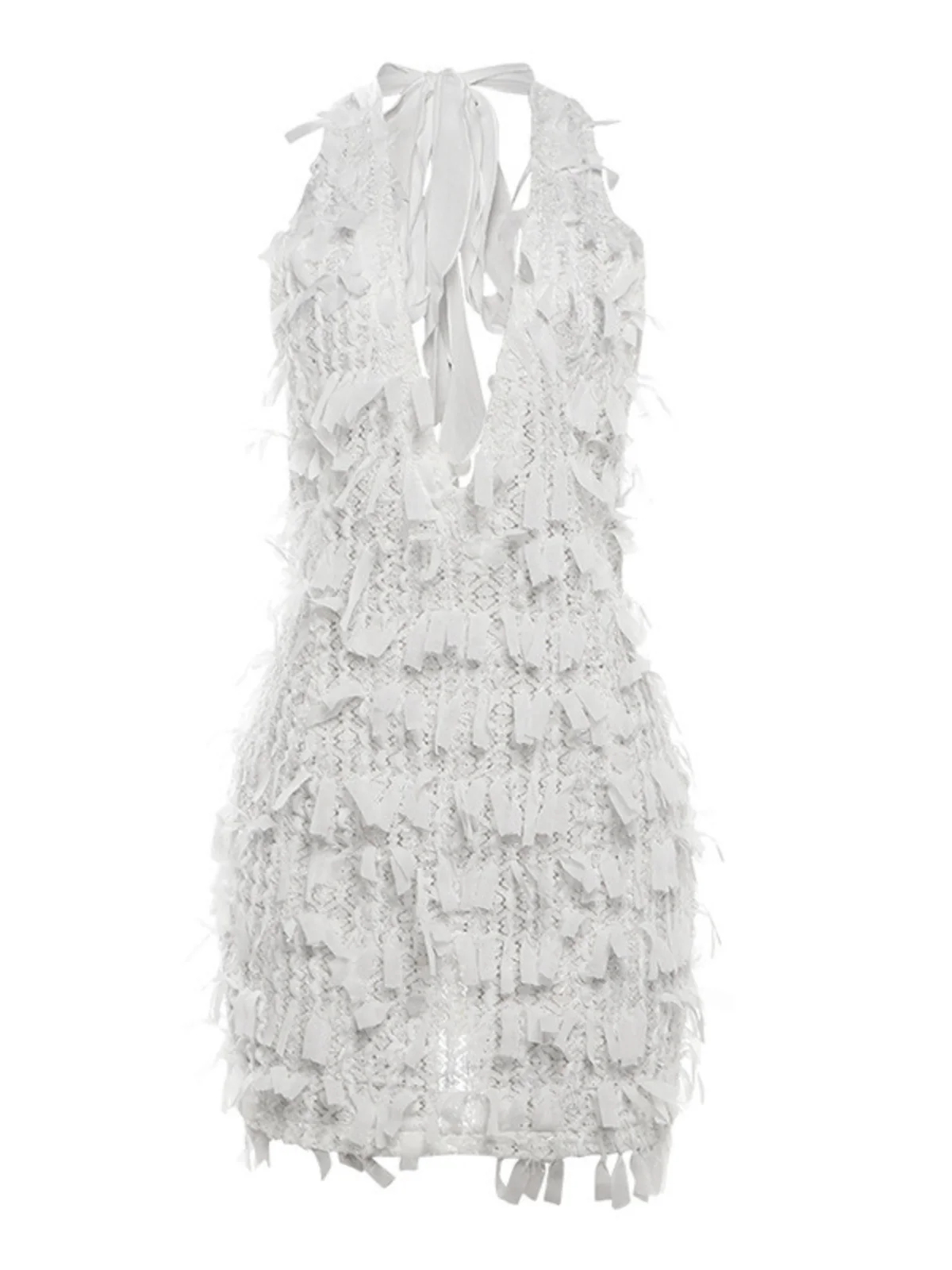 White Fringe V-Neck Mini Dress