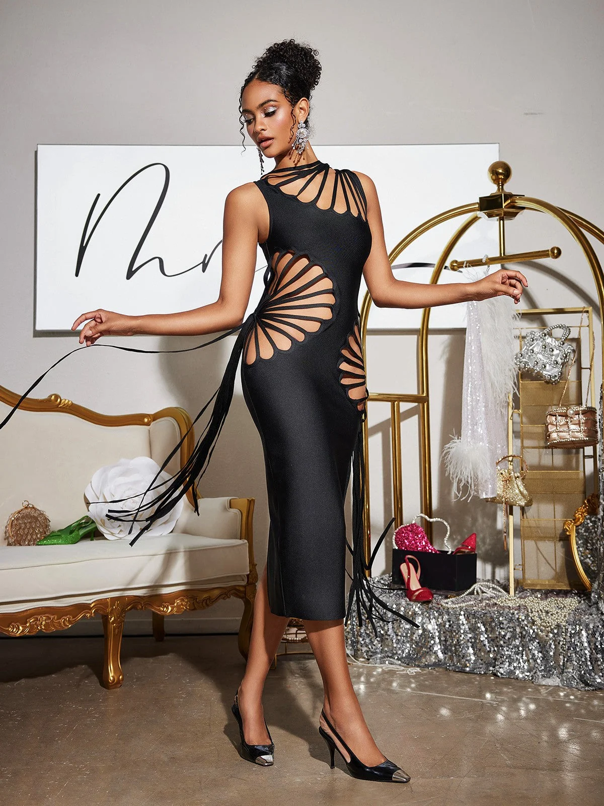 Black Cutout Bandage Midi Dress - Stylish and Form-Fitting