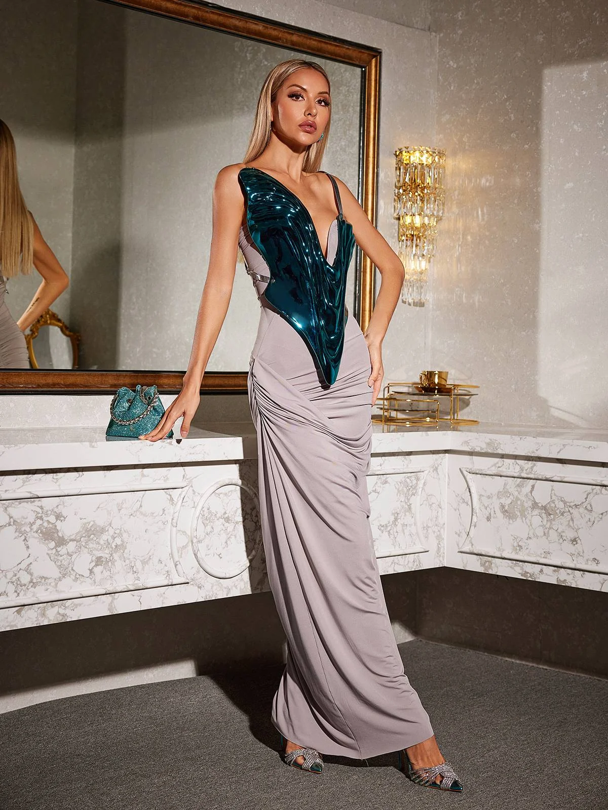 Elegant Strapless Ruched Maxi Dress in Grey - Clearance Sale