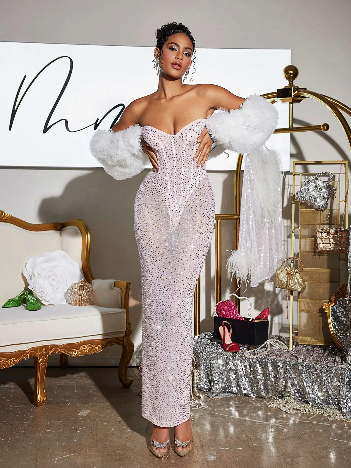 Pink Rhinestone Strapless Corset Maxi Dress