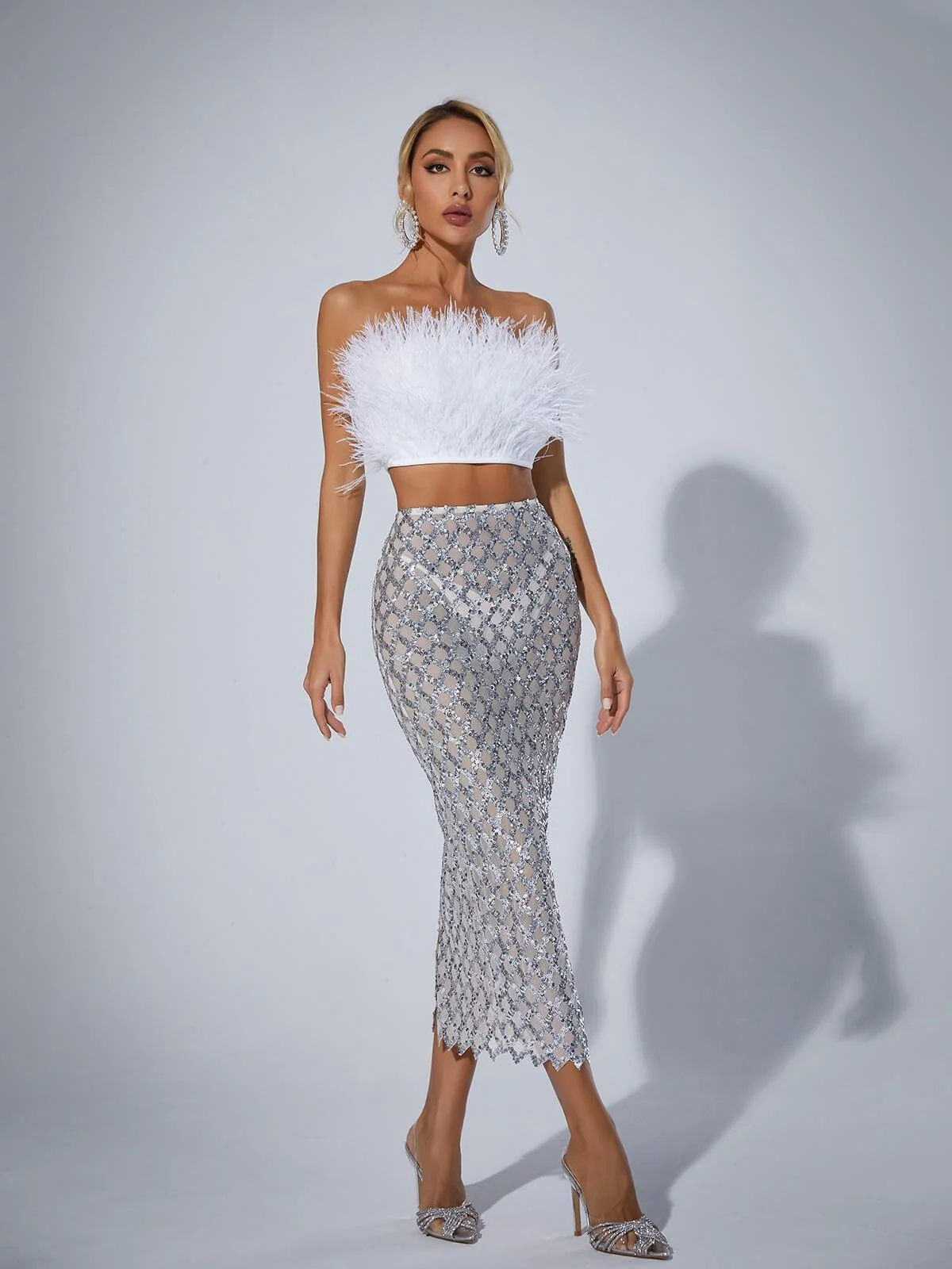 Feather Mesh White Skirt Set - Night Out Statement Piece XS-L