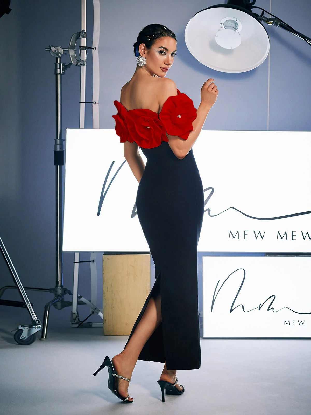 Red Floral Off Shoulder Bandage Dress - Elegant Style