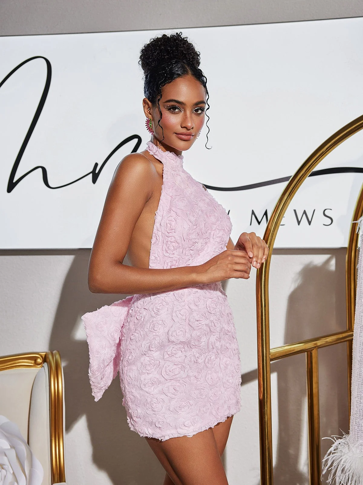 Floral Bow Halter Neck Mini Dress