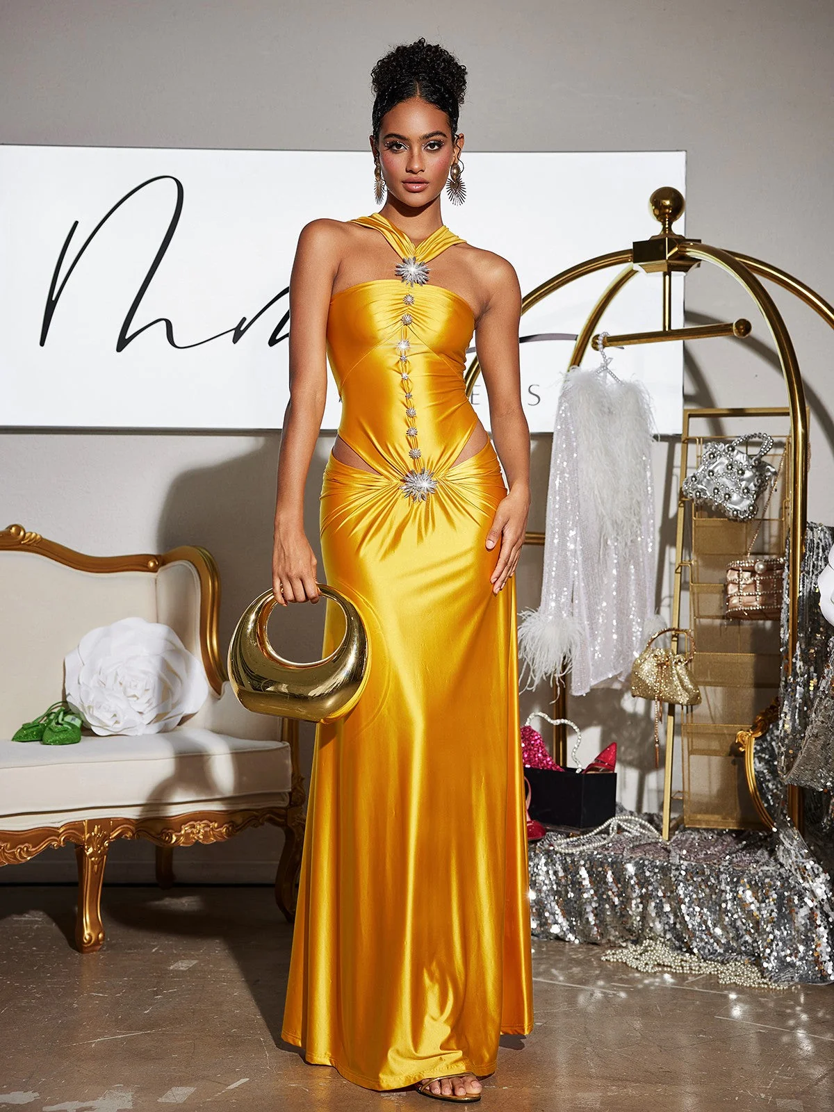Elegant Crystal Embellished Satin Maxi Dress