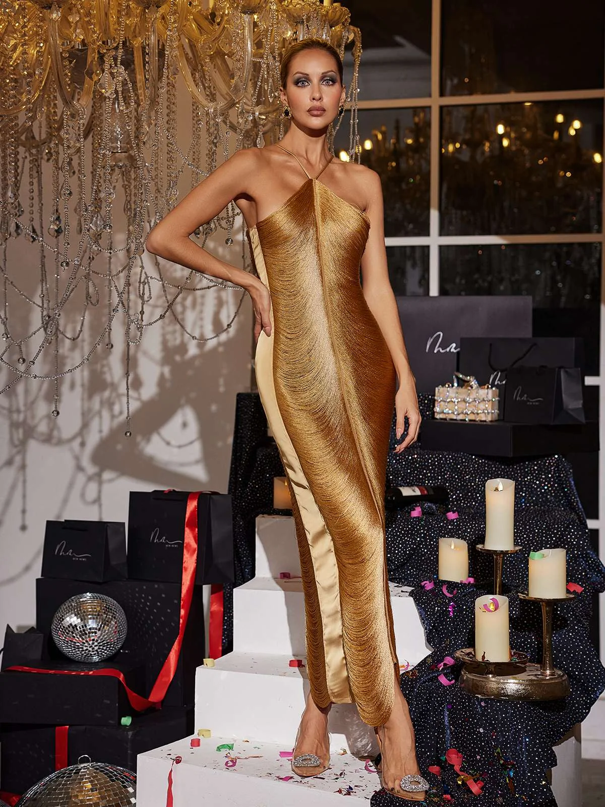 Bronze Halterneck Fringe Maxi Dress - Elegant Event Wear