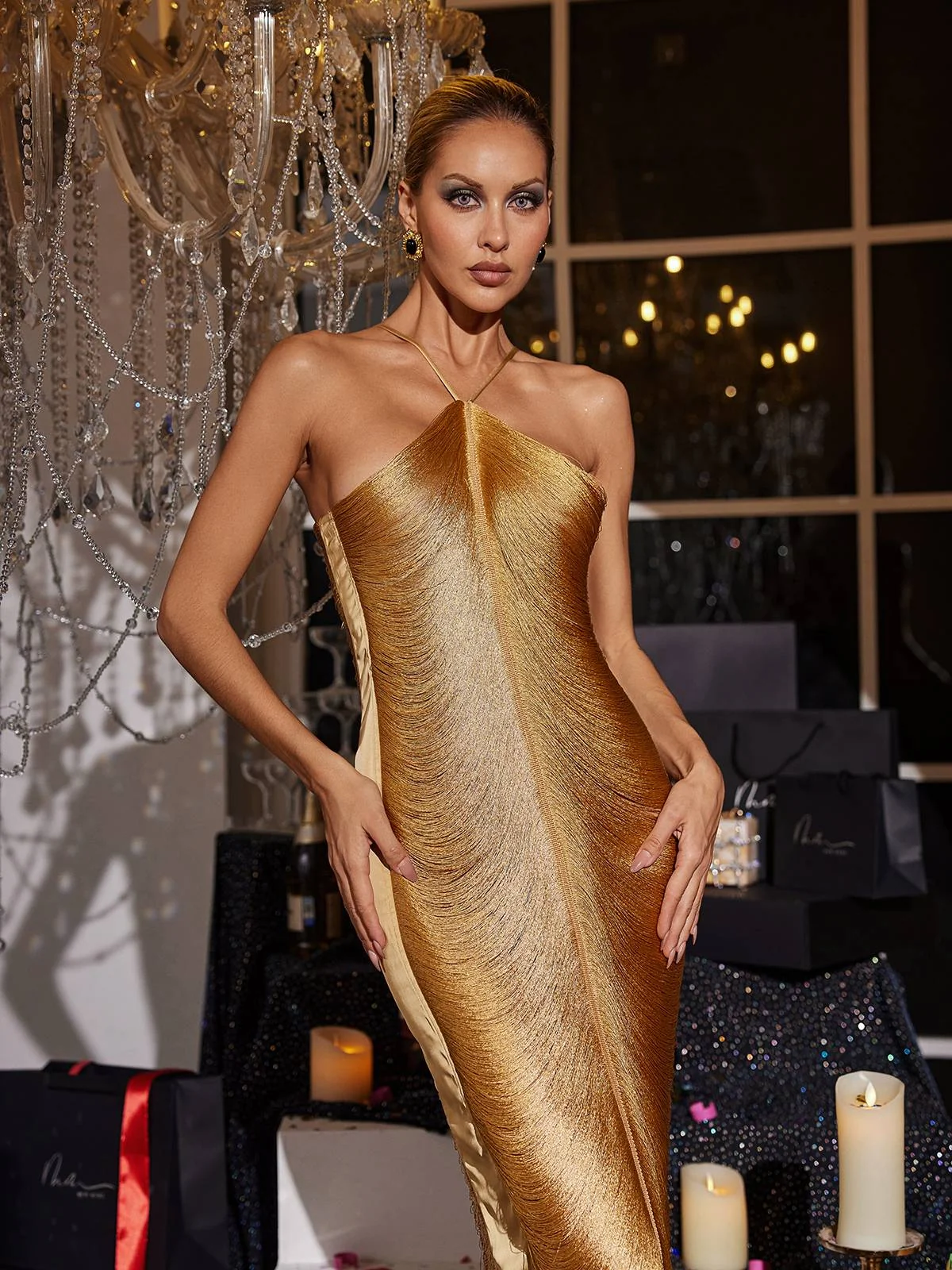 Bronze Halterneck Fringe Maxi Dress - Elegant Event Wear