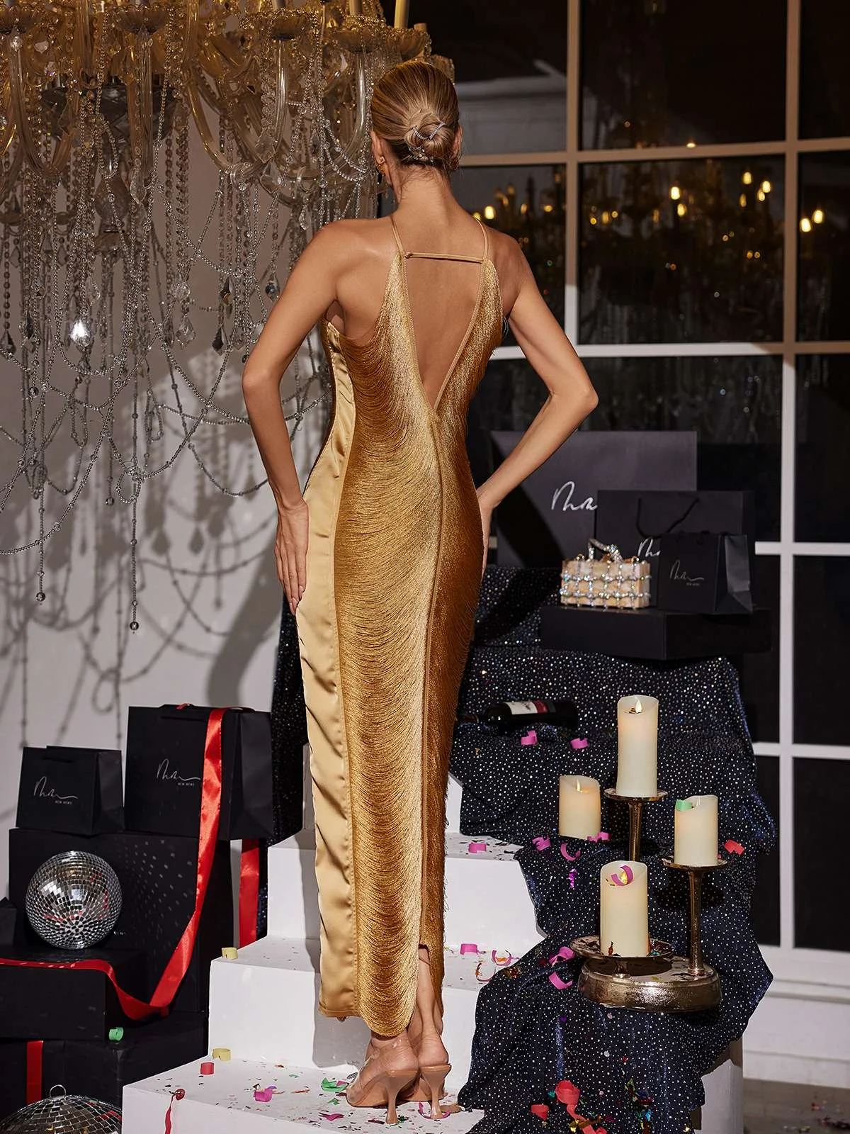 Bronze Halterneck Fringe Maxi Dress - Elegant Event Wear