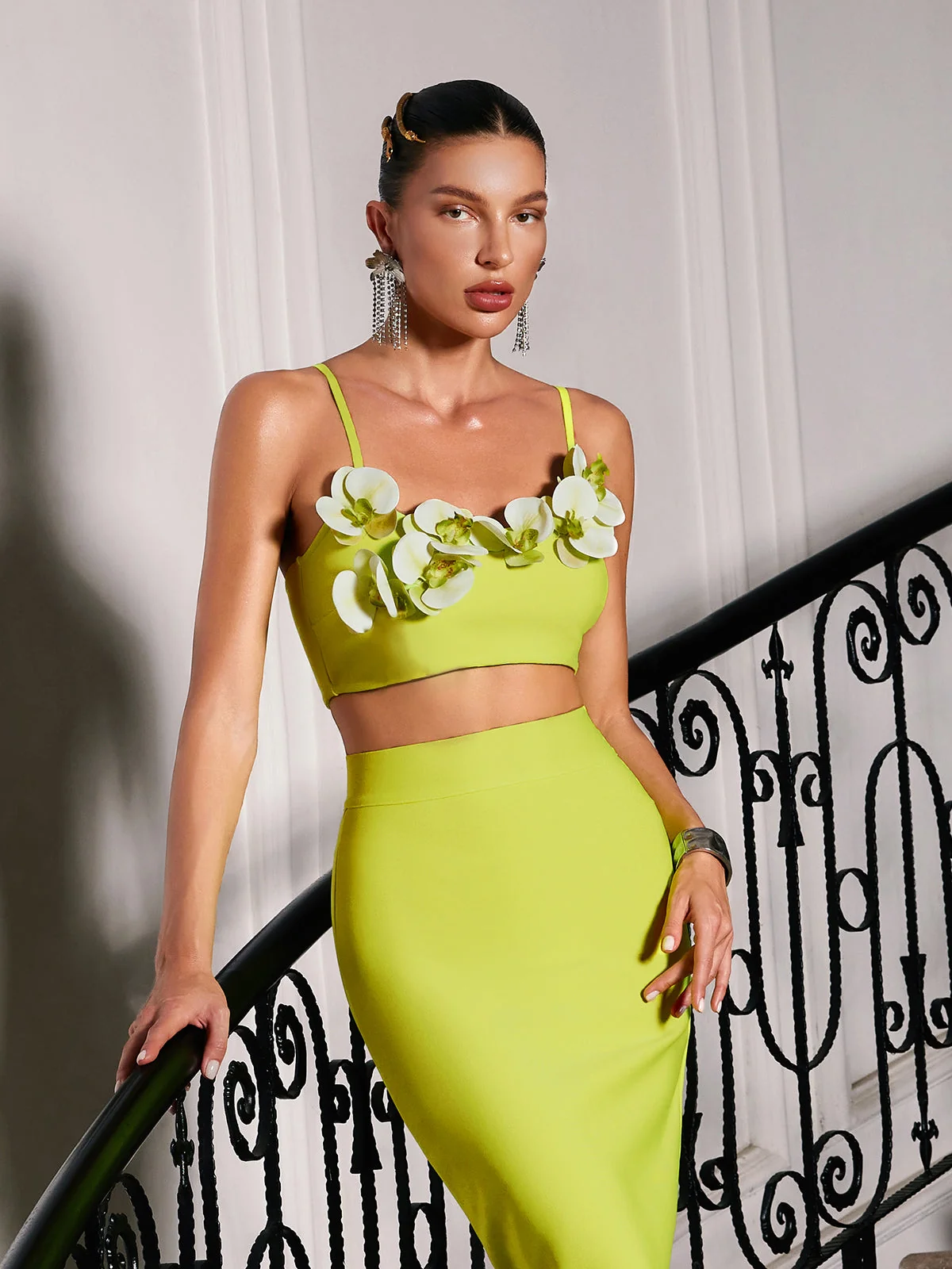 Floral Bandage Skirt Set in Green | High Stretch Material