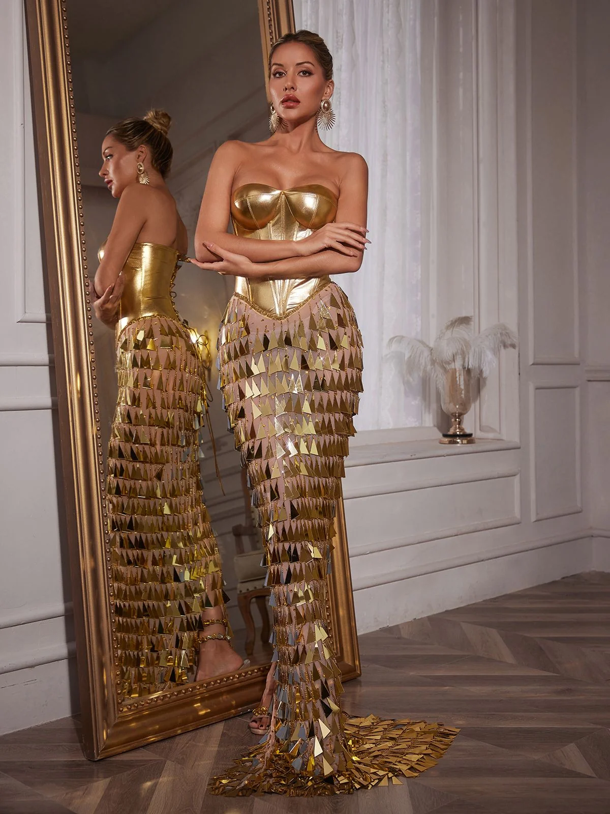 Acrylic Fringe Maxi Dress with Corset Design