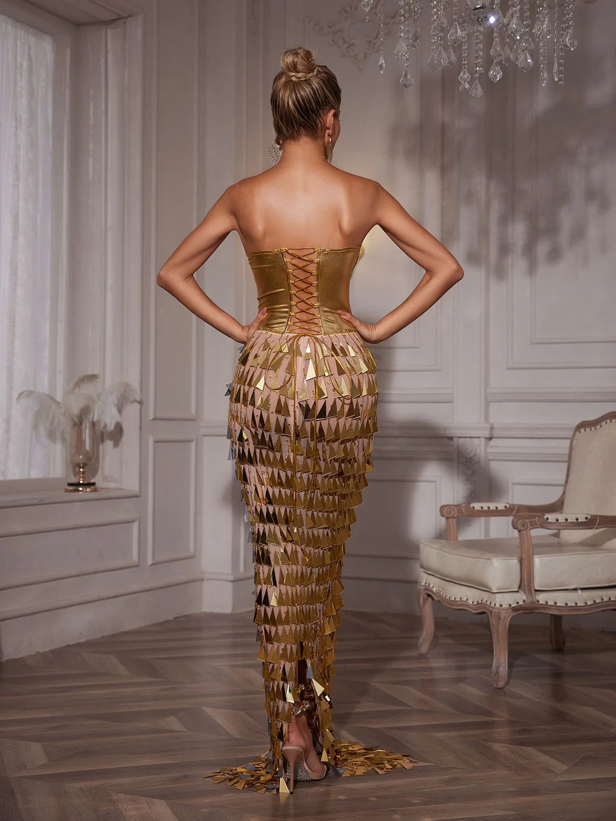 Acrylic Fringe Maxi Dress with Corset Design