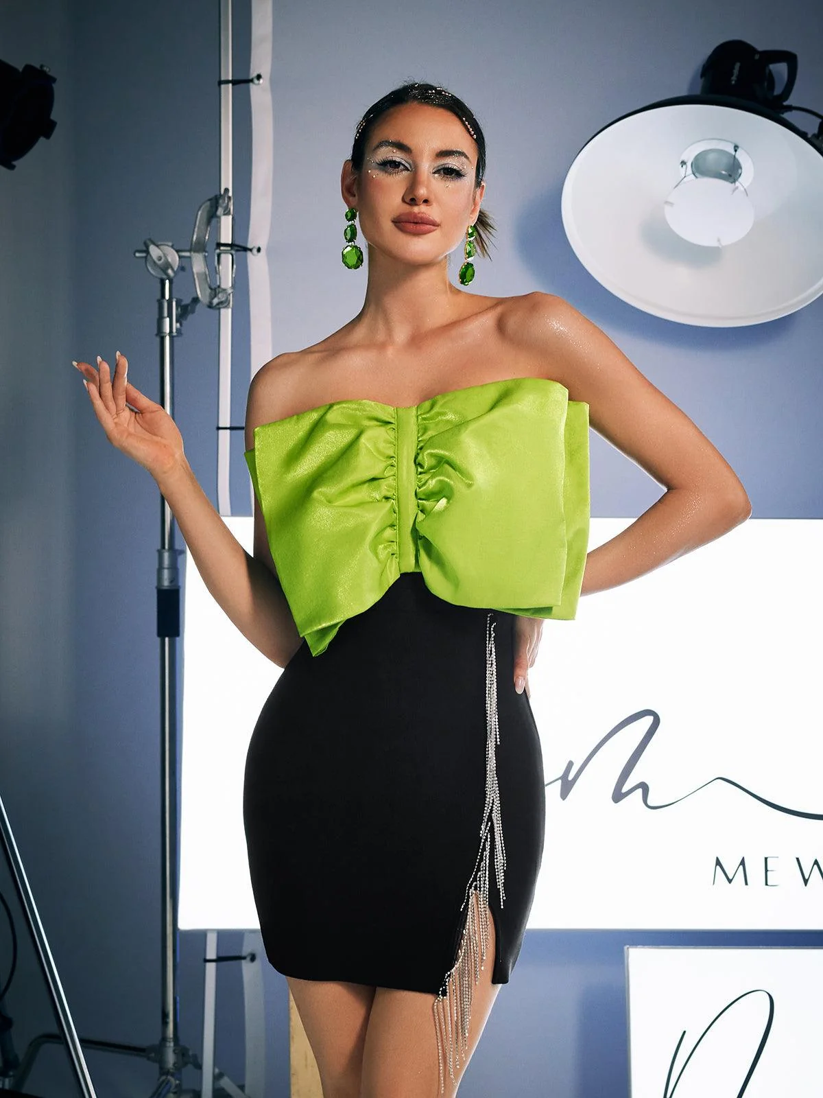 Black Strapless Bow Mini Dress with Crystal Fringe Detail