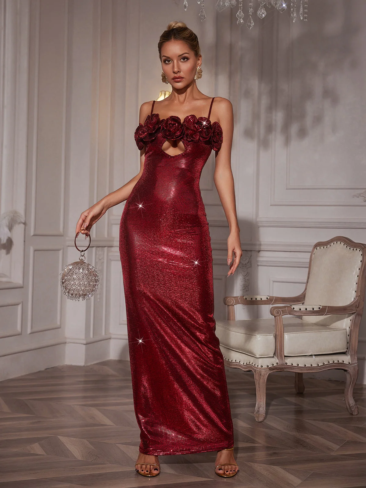 Red Glitter Maxi Dress | Elegant Floral Design