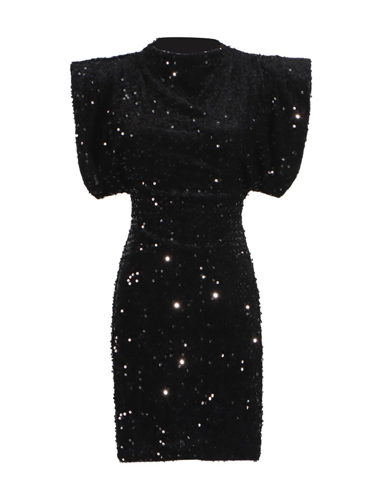 Sequin Shoulder Pad Mini Dress Black Glamour Statement