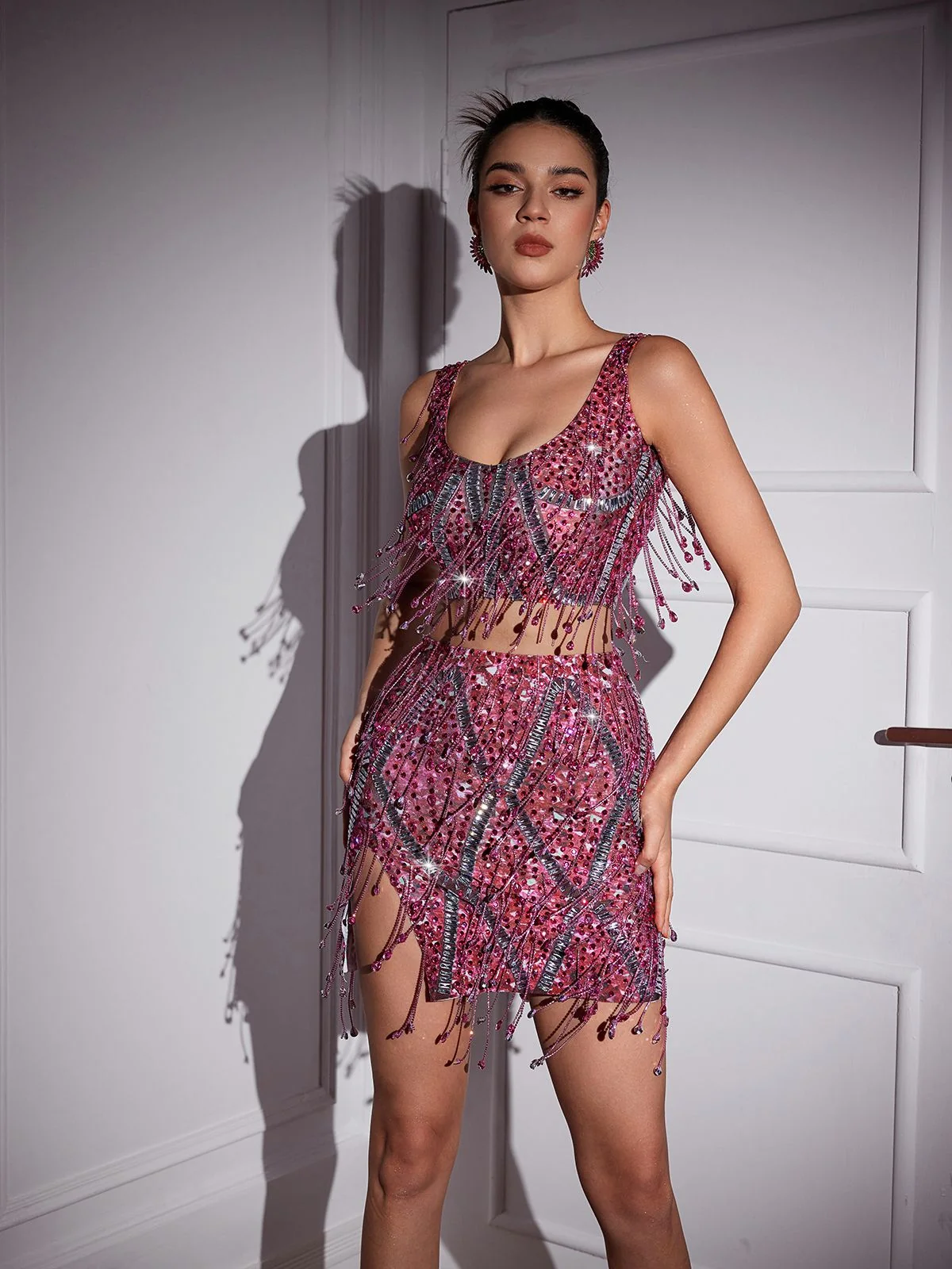 Pink Crystal Chain Fringe Split Cocktail Skirt Set