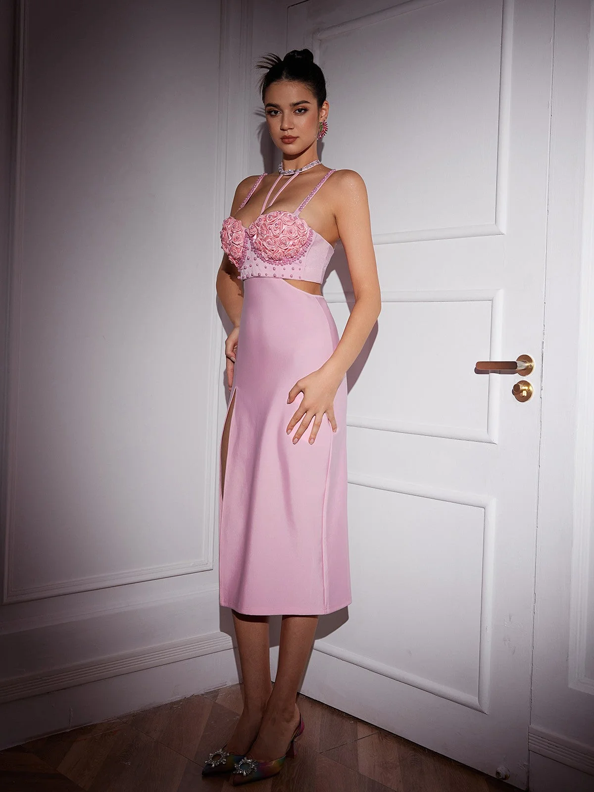 Elegant Flower Pearl Bandage Skirt Set - Pink | XS