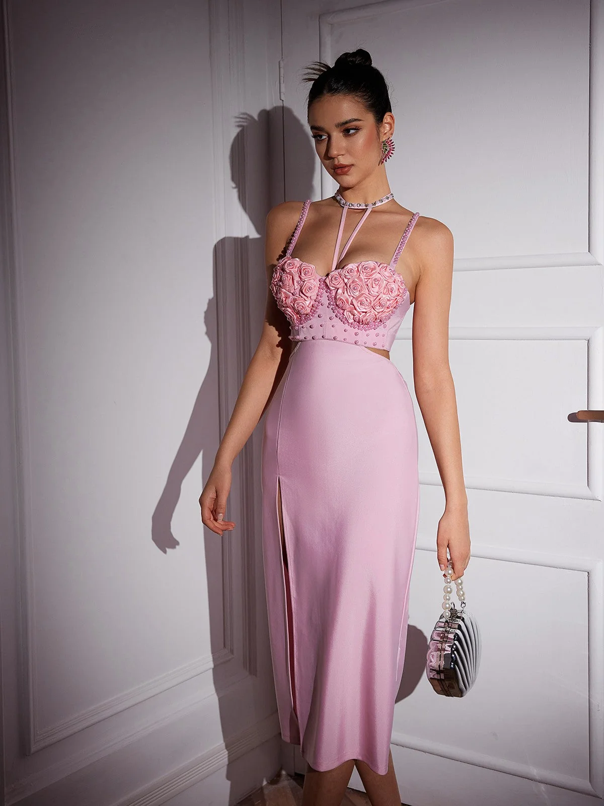 Elegant Flower Pearl Bandage Skirt Set - Pink | XS