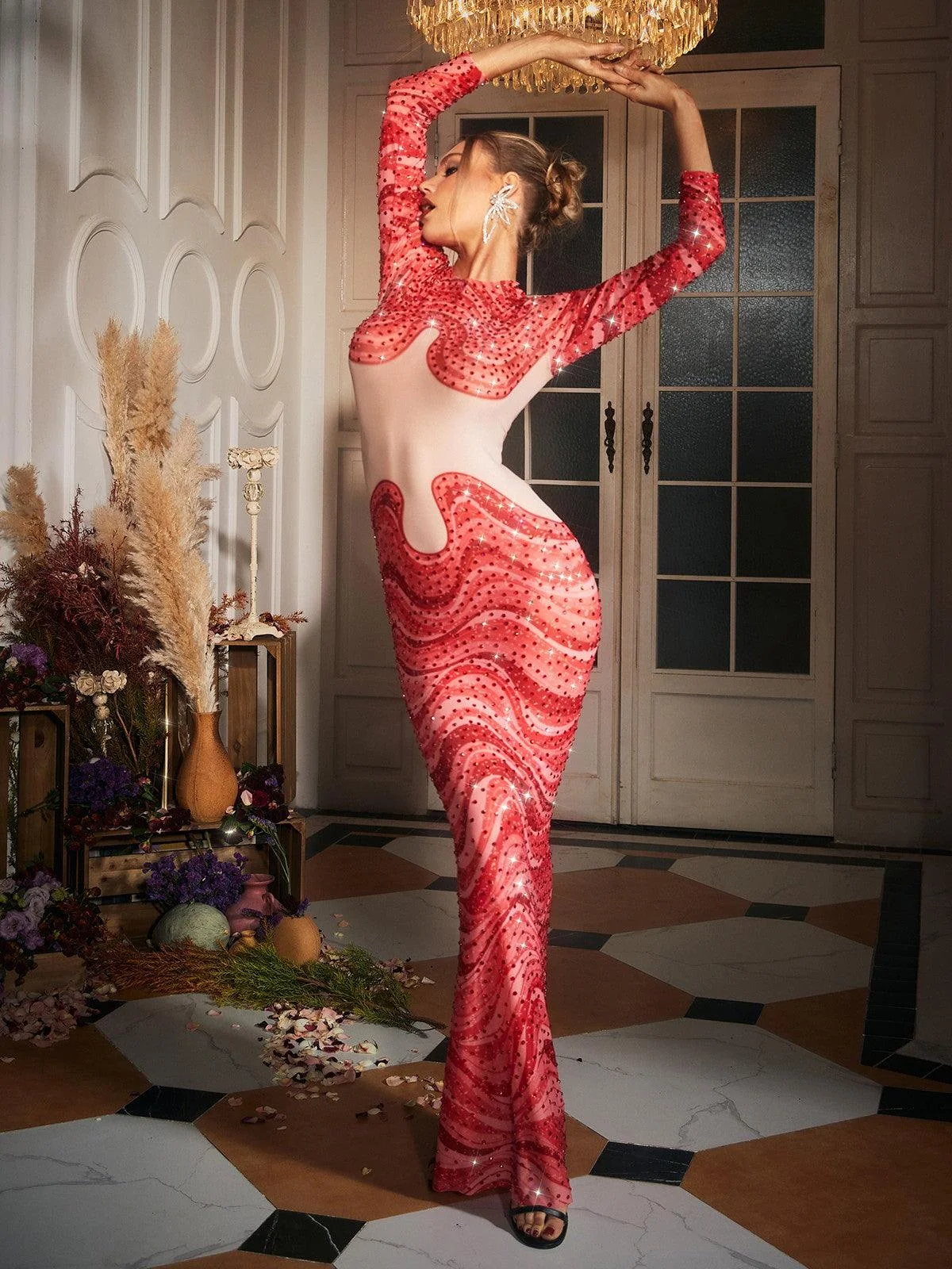 Elegant Wave Print Rhinestone Maxi Dress