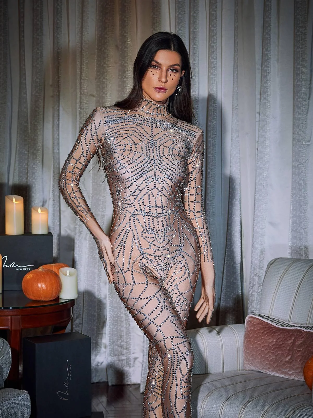 Rhinestone Embellished Cobweb Design Jumpsuit