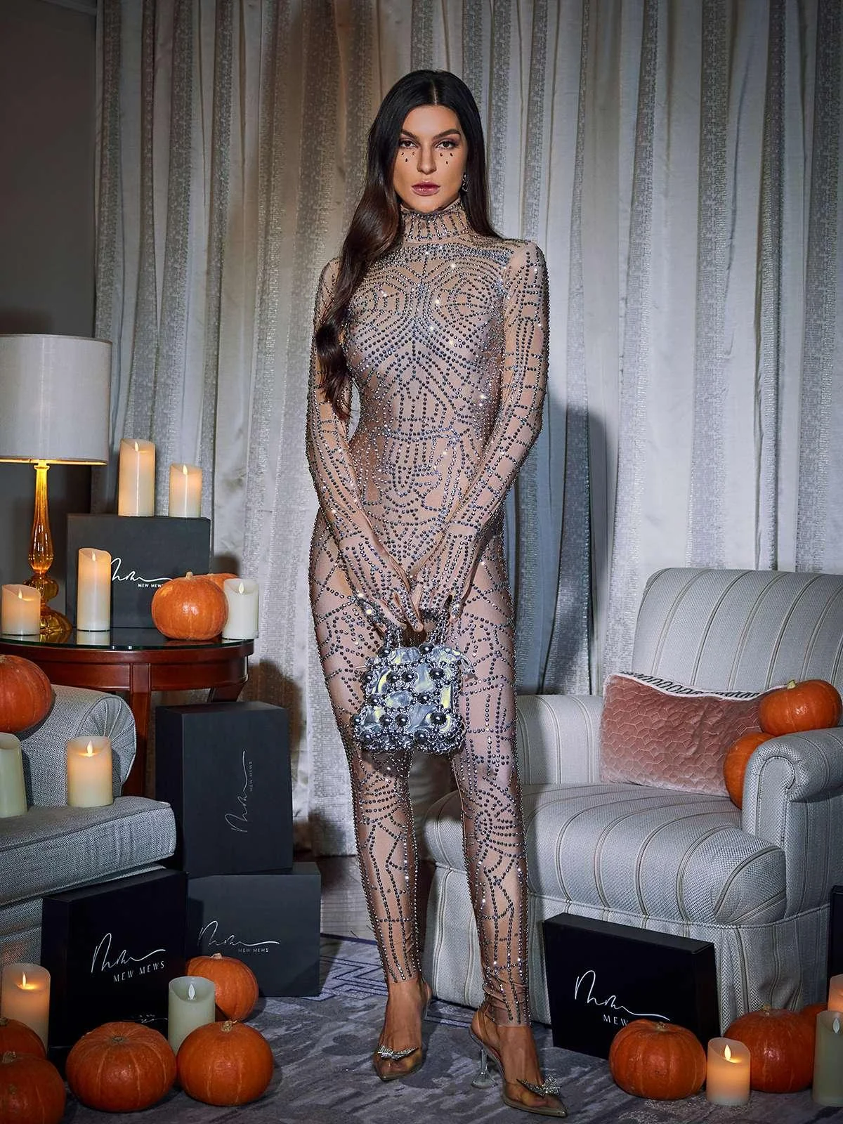 Rhinestone Embellished Cobweb Design Jumpsuit