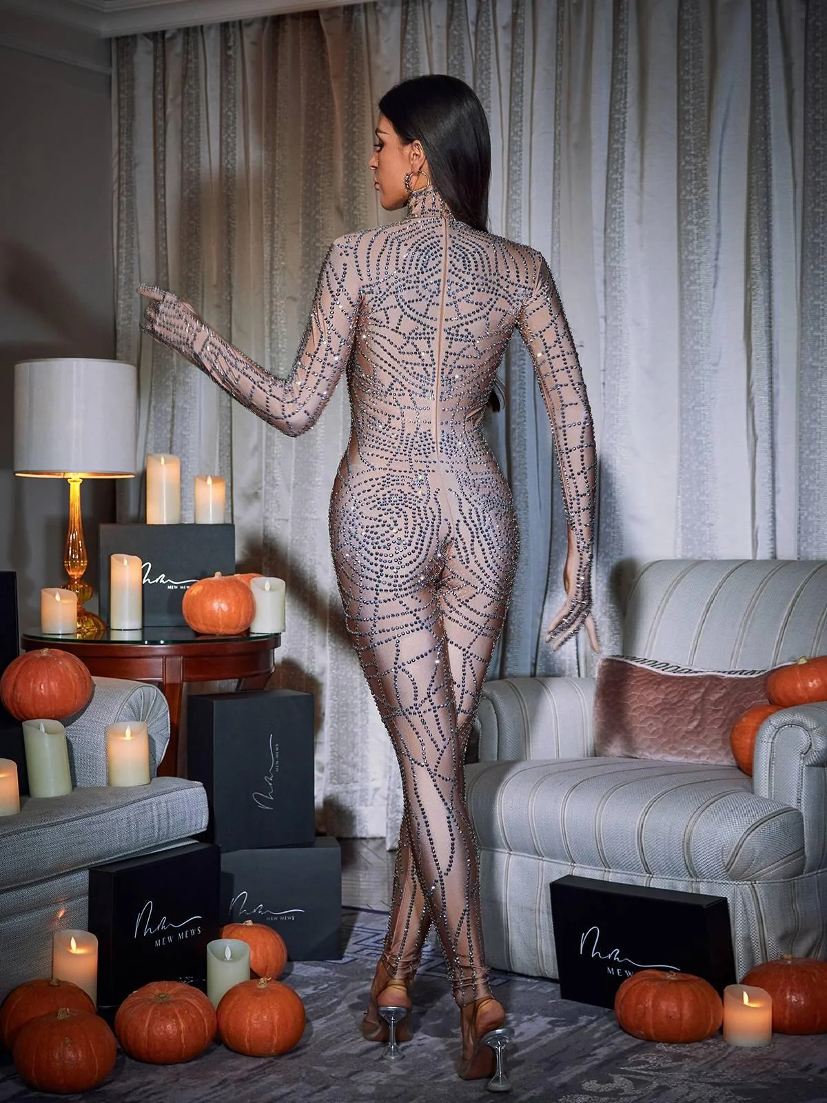 Rhinestone Embellished Cobweb Design Jumpsuit