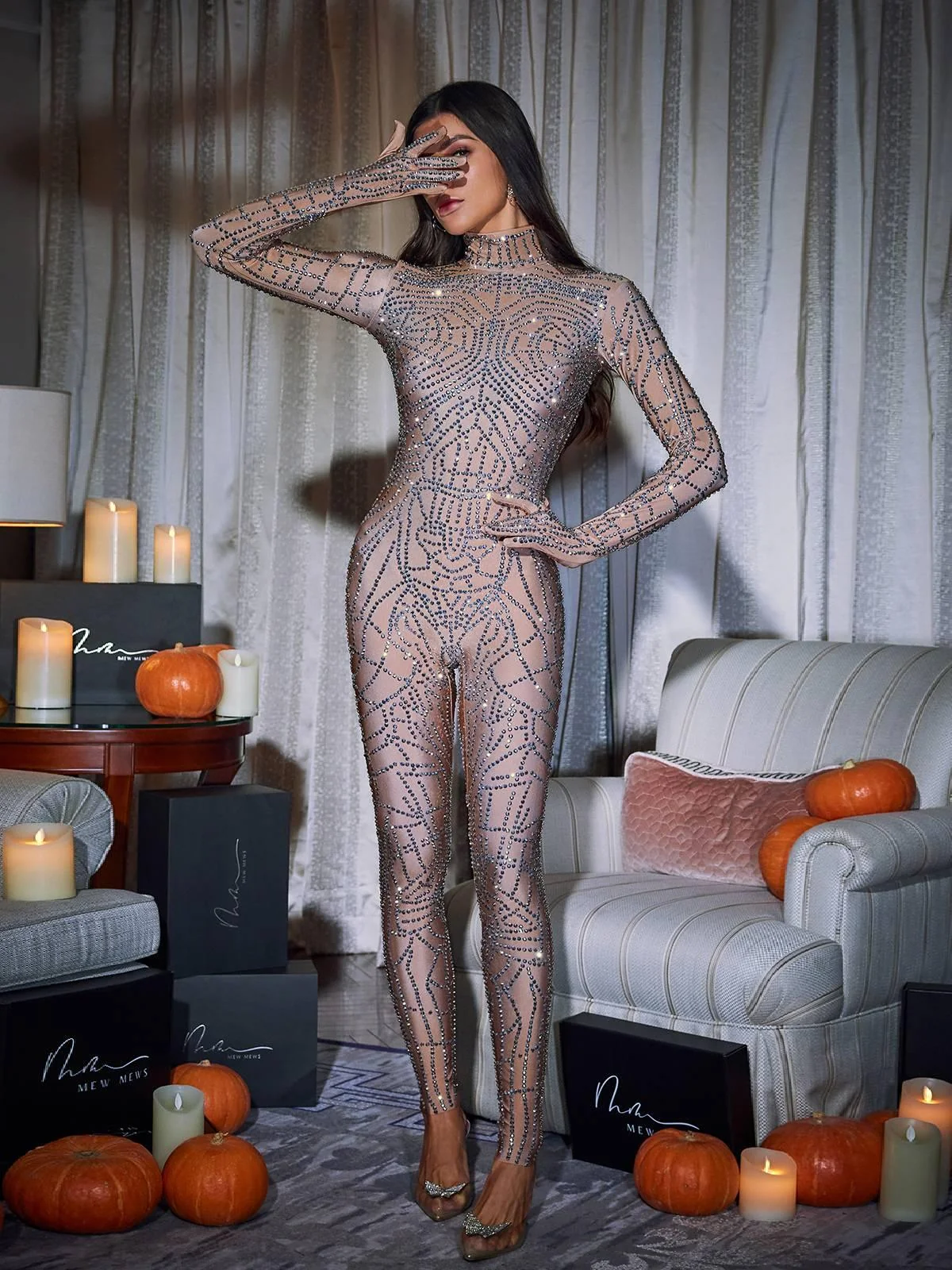 Rhinestone Embellished Cobweb Design Jumpsuit