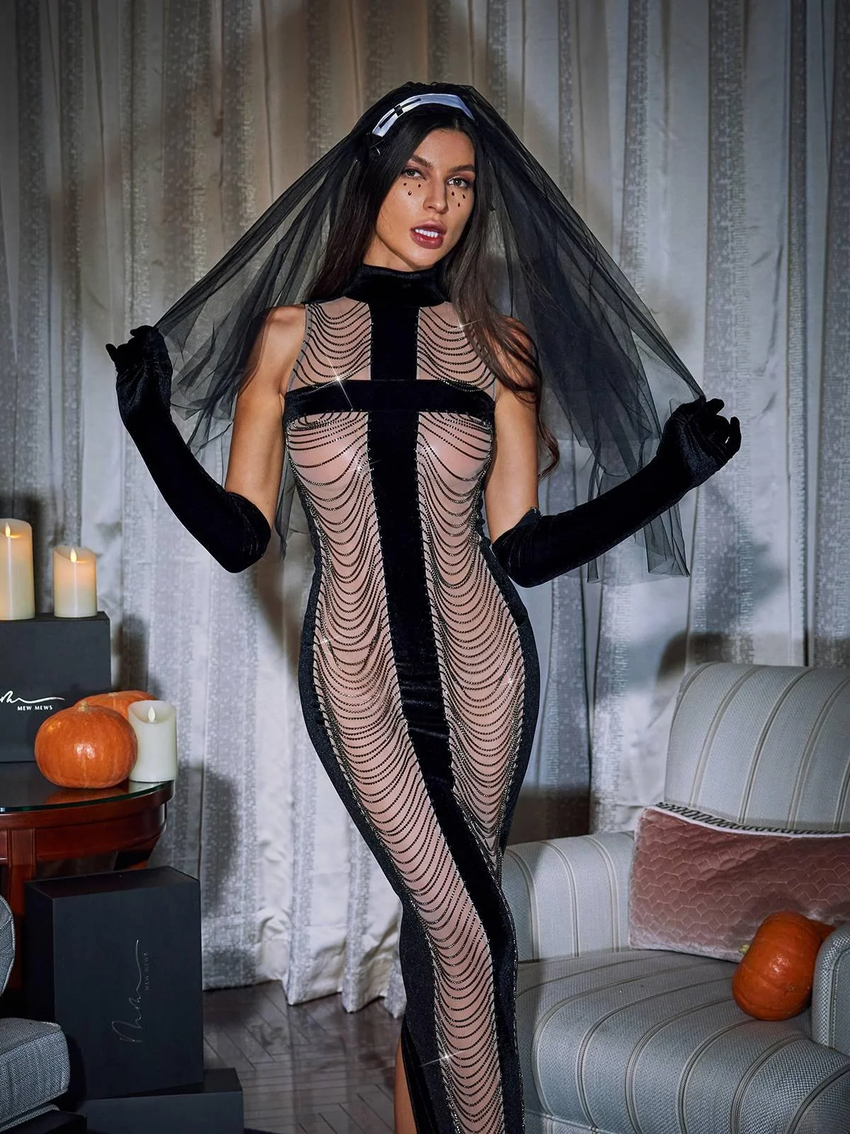 Black Chain Fringe Maxi Dress with Gloves - Glamorous High Neck Style