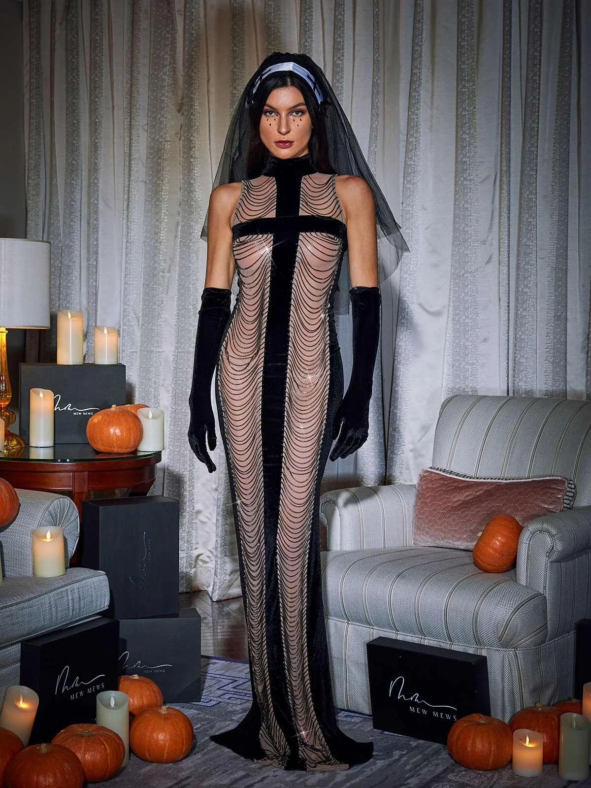 Black Chain Fringe Maxi Dress with Gloves - Glamorous High Neck Style