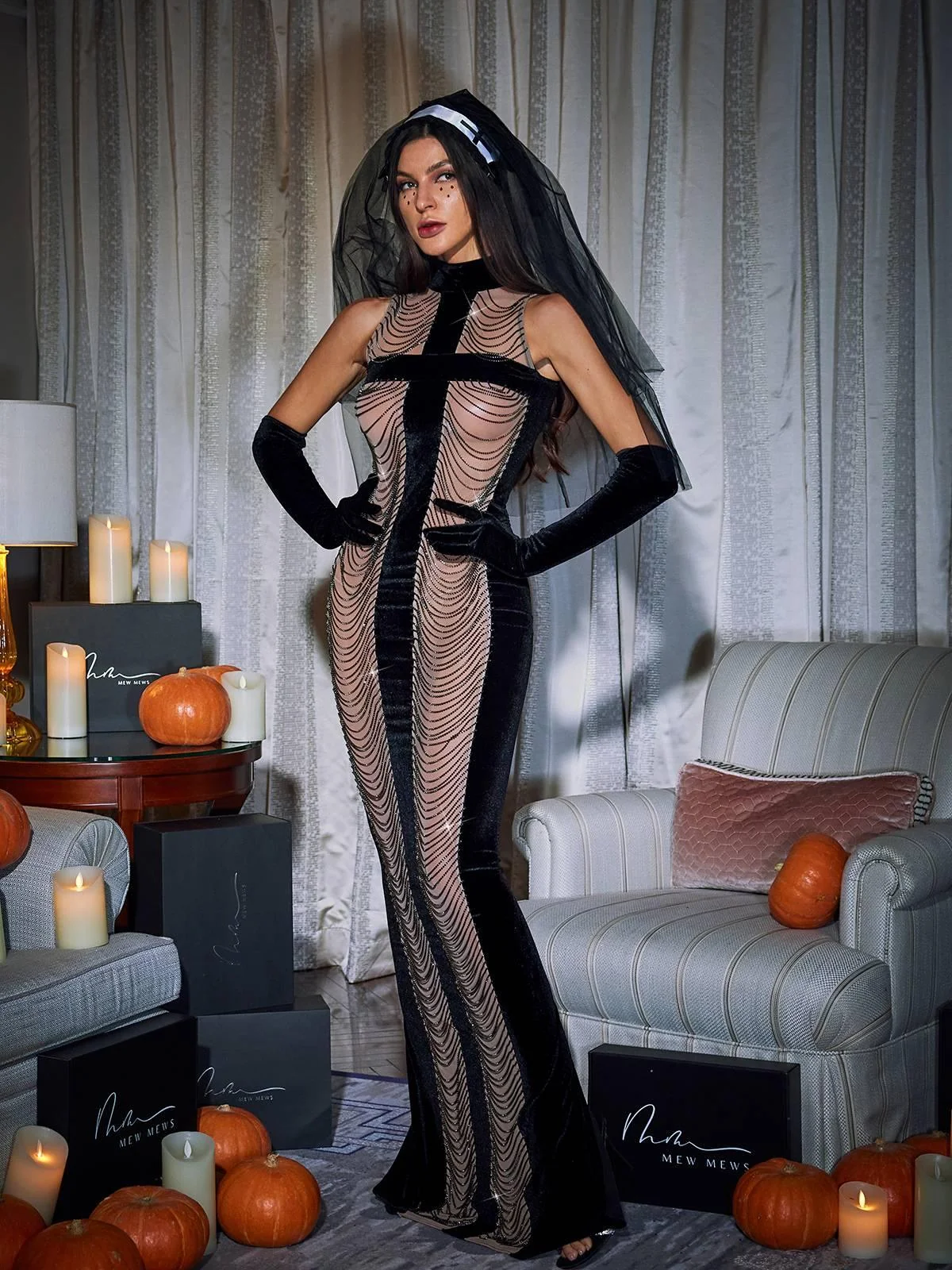 Black Chain Fringe Maxi Dress with Gloves - Glamorous High Neck Style