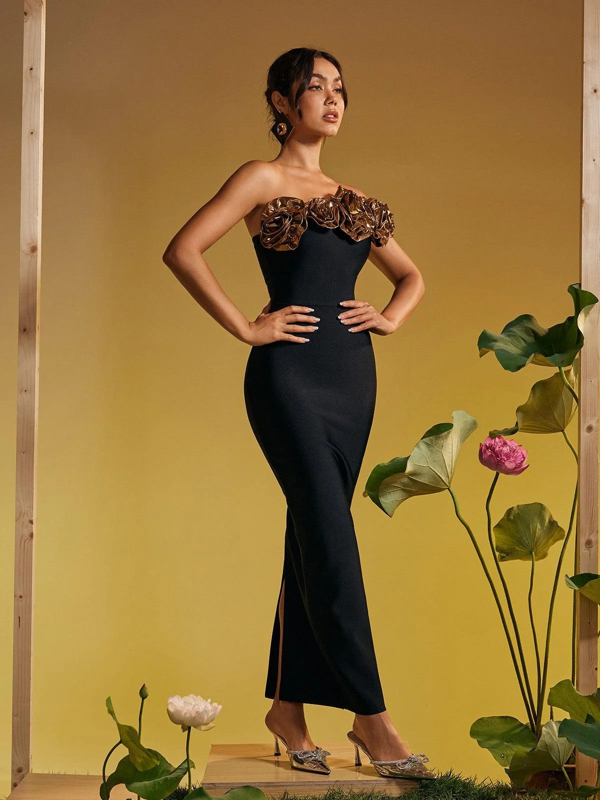 Gold One Shoulder Floral Bandage Maxi Dress