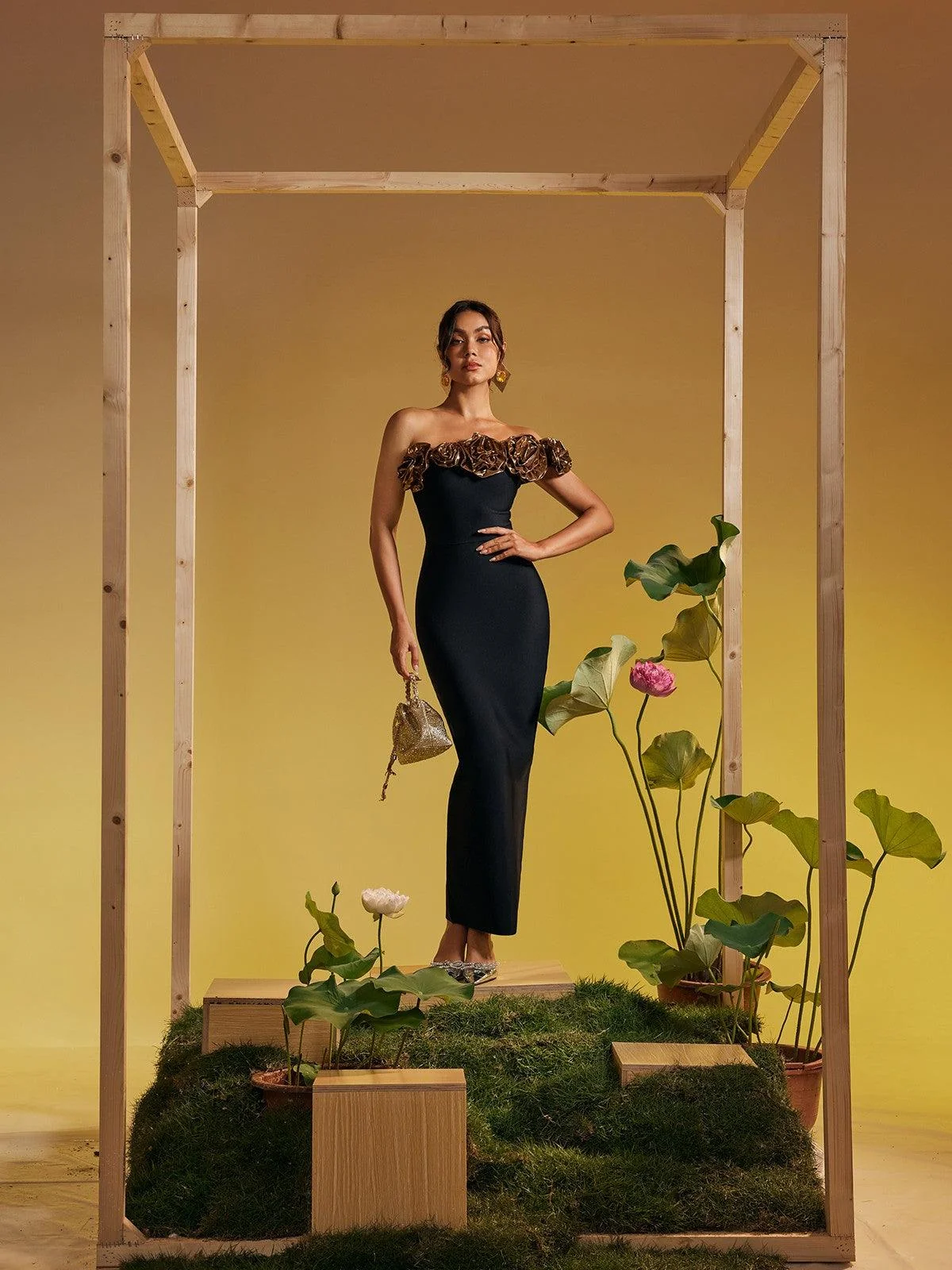 Gold One Shoulder Floral Bandage Maxi Dress